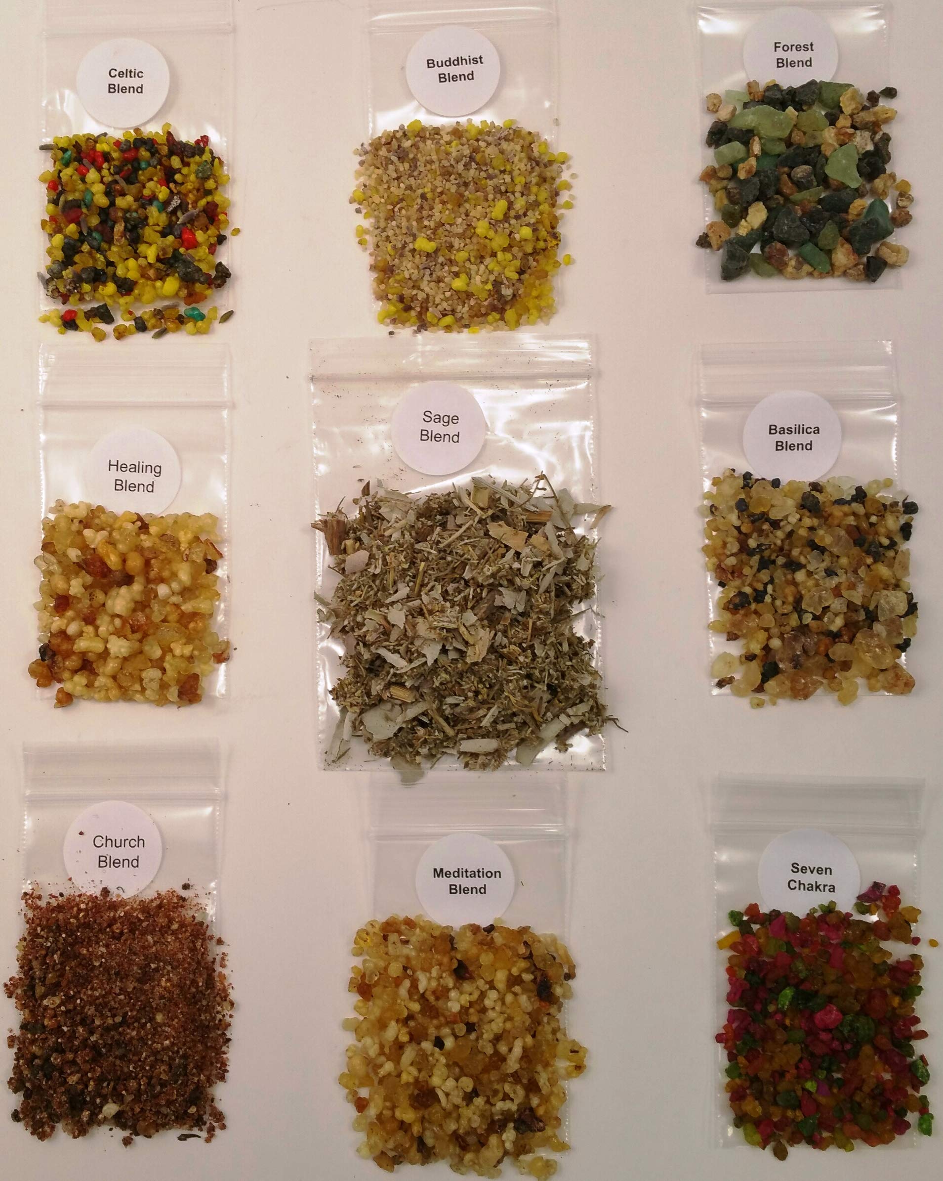 Resin Incense Blend Variety Sampler Set 1/4 Ounce Sampler Gift Pack Includes -Celtic- Forest -Basilica -Seven Chakras -Meditation -Healing -Buddhist -Church and Sage Blends