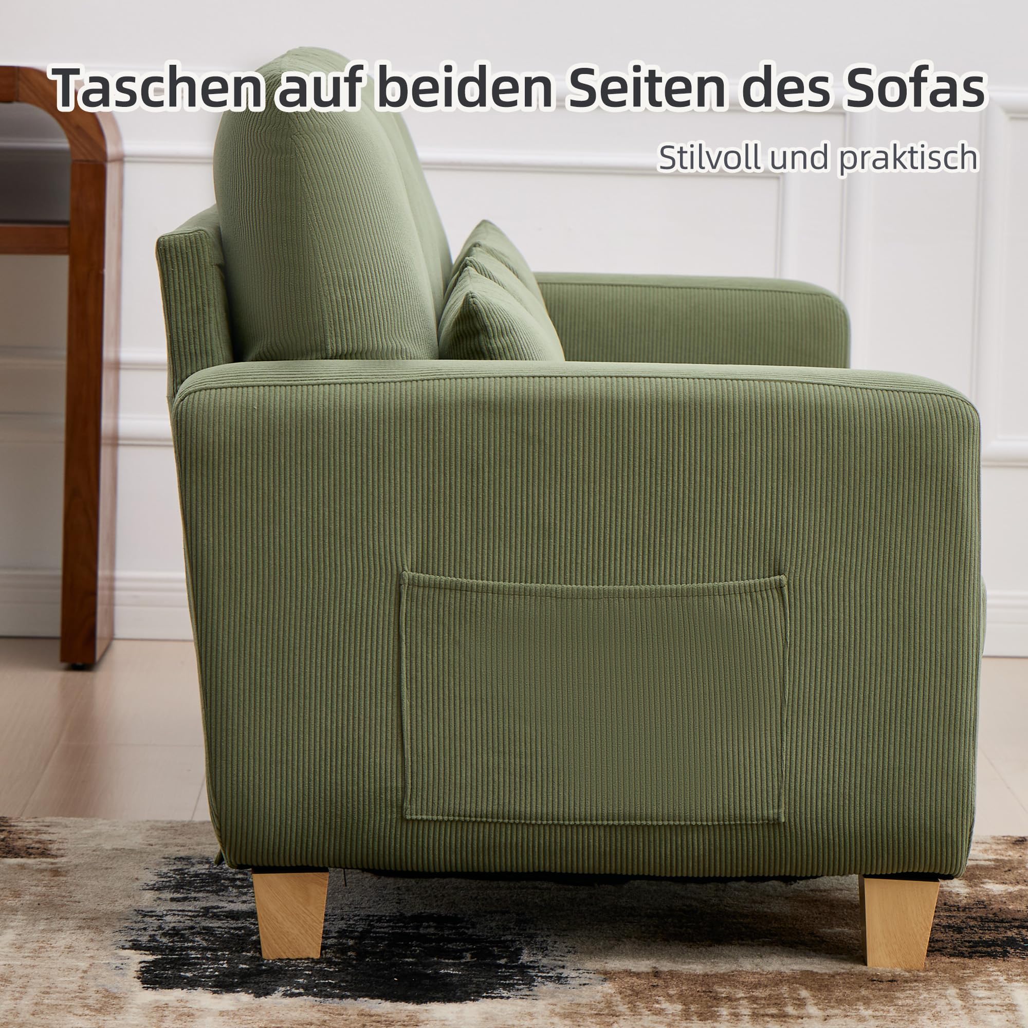 EBELLO Sofa 188 cm, 3-5 Sitzer Couch, modernes Sofa aus Cord, Wohnzimmersofa geeignet für kleine Räume, Schlafzimmer, Wohnungen und Büros, Grasgrün