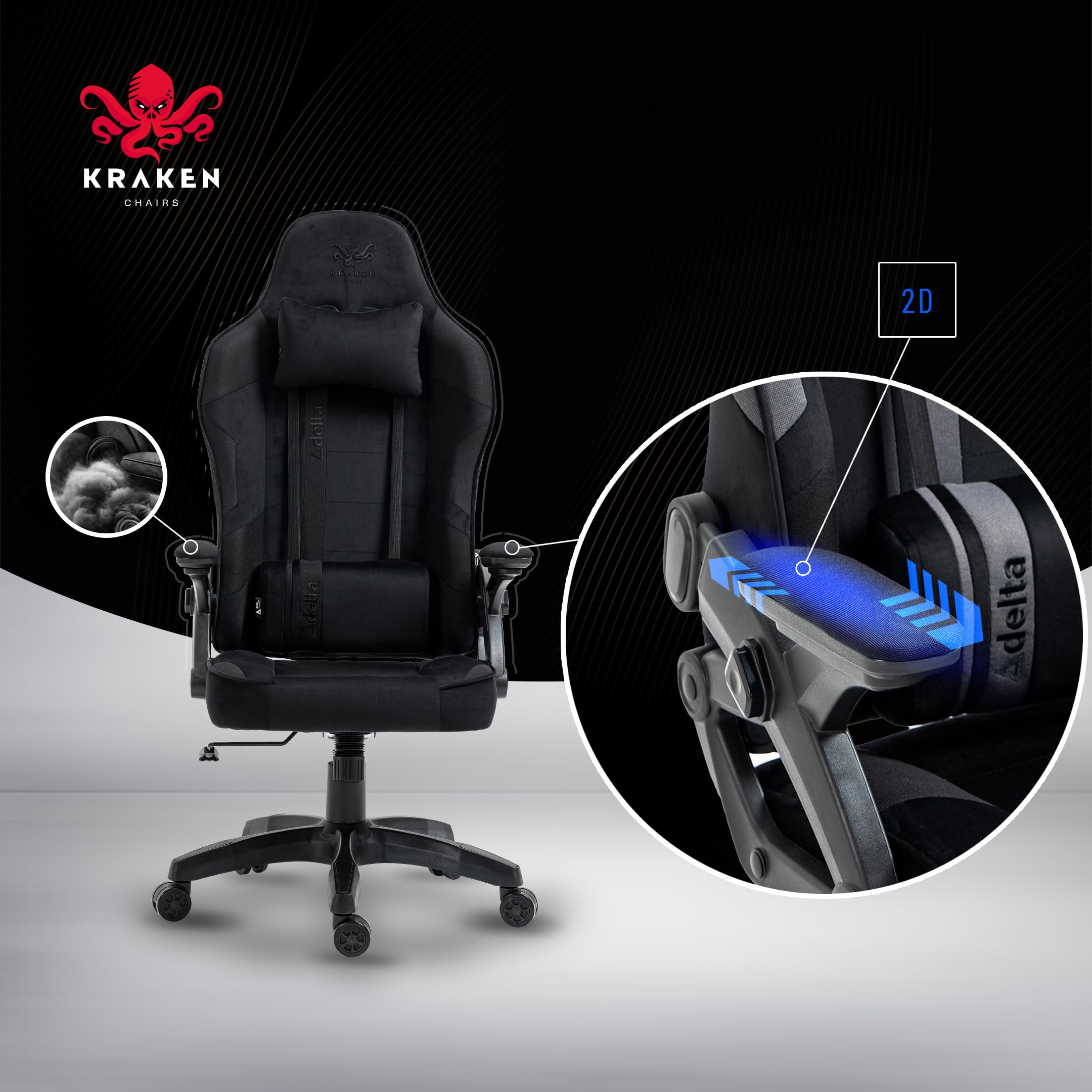 Gaming Stuhl Stoff Samt Ergonomisch - Schwarz Gamer Stuhl Mit Lendenkissen, Kopfkissen, 2D Armlehnen Und Wippfunktion, Bürostuhl Mit 120° Rückenlehne, 130 kg Belastbarkeit