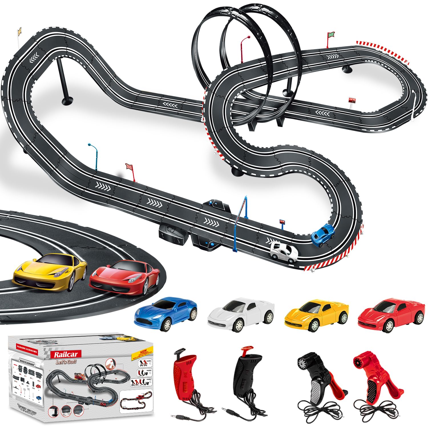 Tucraew Slot Car Race Track Sets, Electric Race Car Track with 4 High-Speed Slot Cars, 2 Electric Controller and 2 Manual Controller Circular Overpass Track, Gift for Kids Ages 6 7 8-12
