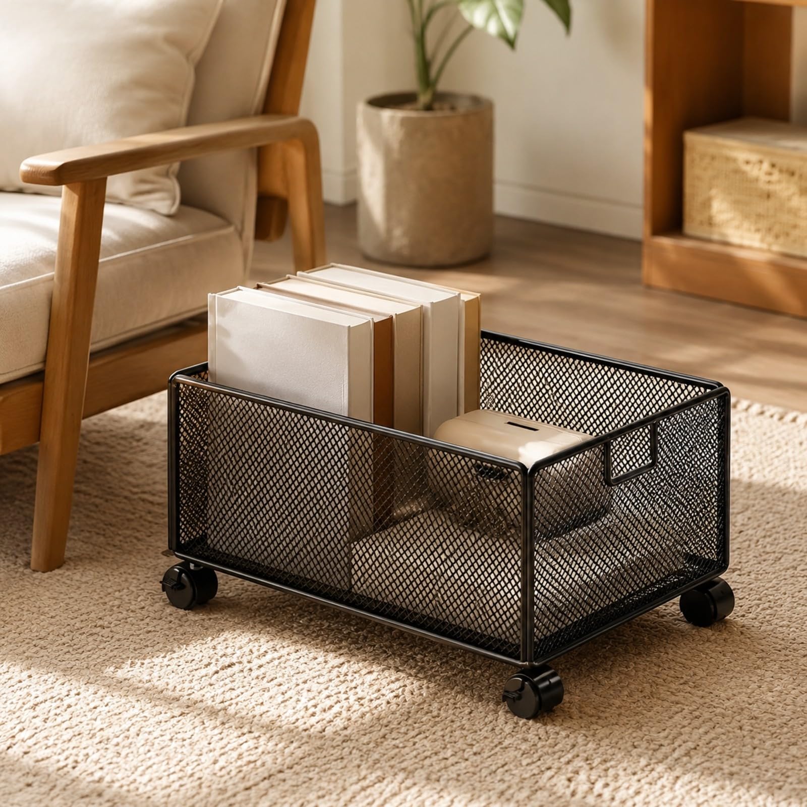 Carrello Libreria un Piano con Cestino a Rete Compatto Carrello Libri con Ruote e Freno Durevole Organizzatore Mobile per Soggiorno, Nero, L