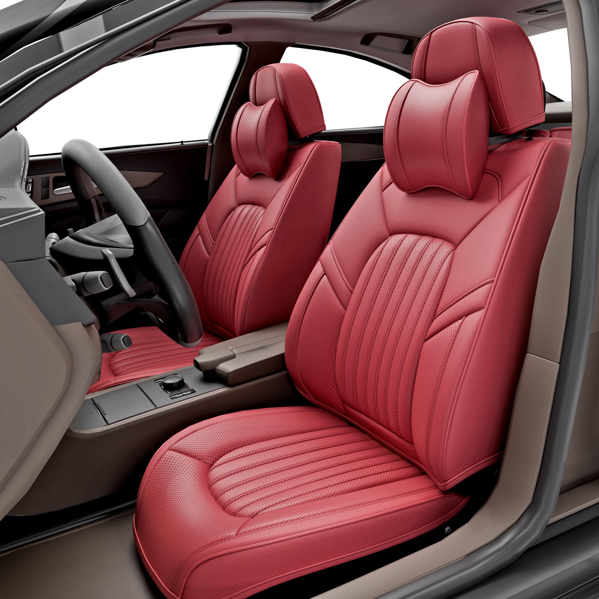 FEELON 2 Pieces ZC Front Car Seat Covers, Waterproof Nappa Leather Front Car Seat Protectors with Headrests, Universal Auto Interior Fit for Sedans SUV Pick-up Truck, Martha Red