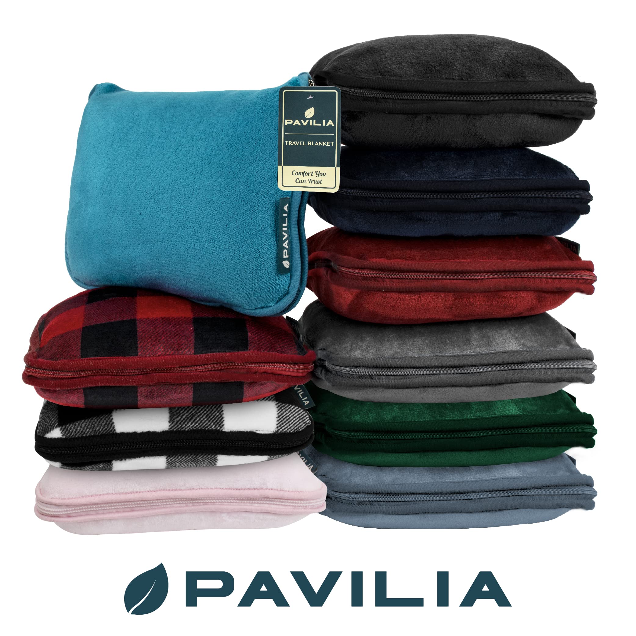 PAVILIA Almohada de Viaje, Suave Manta de avión 2 en 1, Manta de avión compacta, Plegable, Almohada de Coche Esencial para Vuelo, Accesorios de Regalo para viajeros, Correa de Mochila de Equipaje, 60