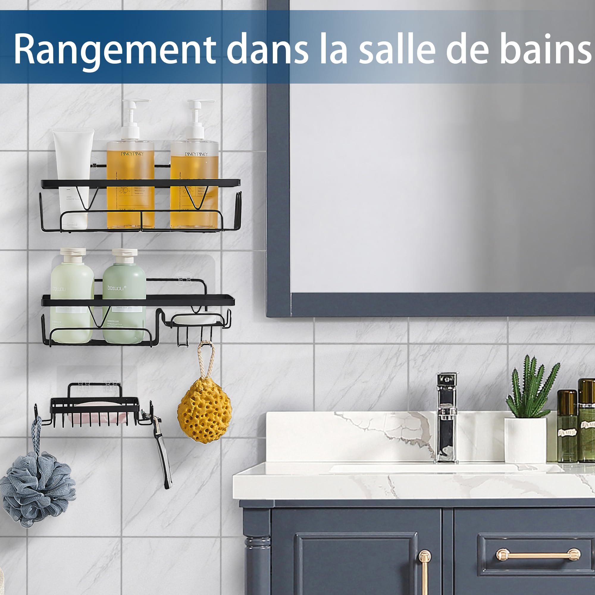 Hoomtaook Étagère Douche Sans Percage - 2 Paniers Métal Noir + Porte Savon - Rangement Salle De Bain Adhésif
