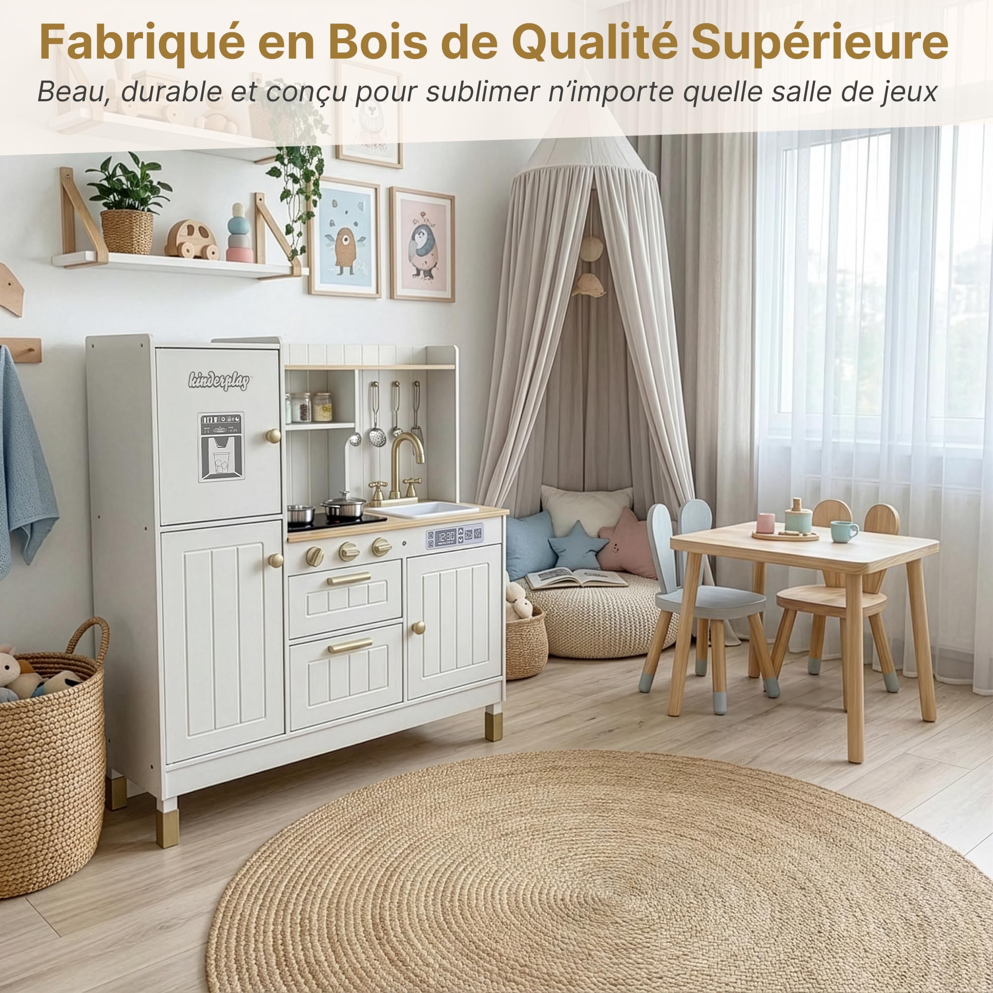 Grande Cuisine pour Enfant en Bois avec lumière et Son –avec Accessoires, évier, cuisinière et Four – pour Enfants pour des Jeux de rôle réalistes