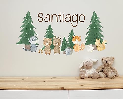 Miniatura 2 de Vinilo adhesivo de pared con nombre personalizado, diseño de animales del bosque, animales del bosque, para habitación de niños, guardería, árboles