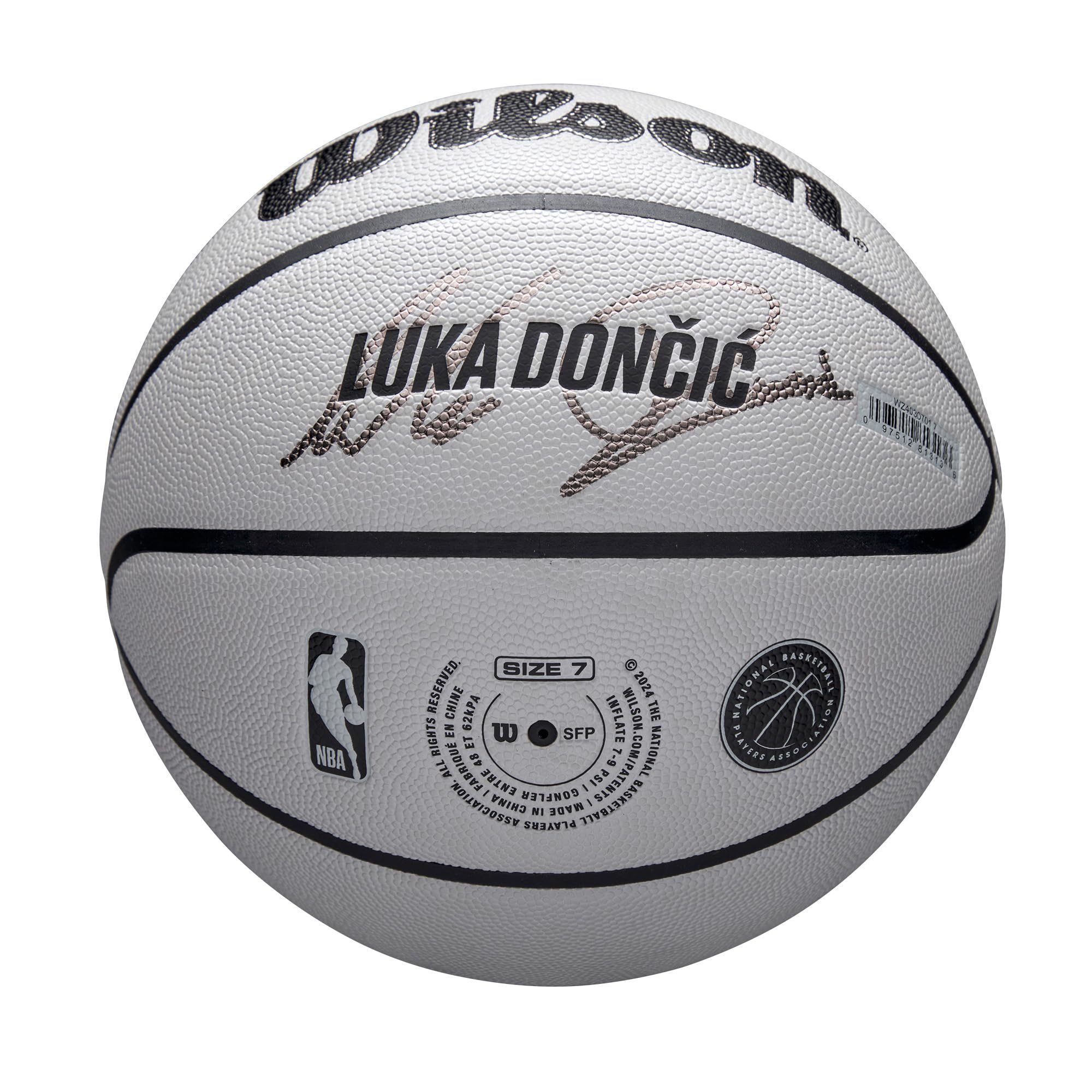 Wilson Balón NBA Player Icon UV, Diseño Dončić, con Protección UV y Textura Pure Feel, Proporciona Recubrimiento de Agarre Verdadero y Rebote Confiable, Color: Gris, Talla: 7