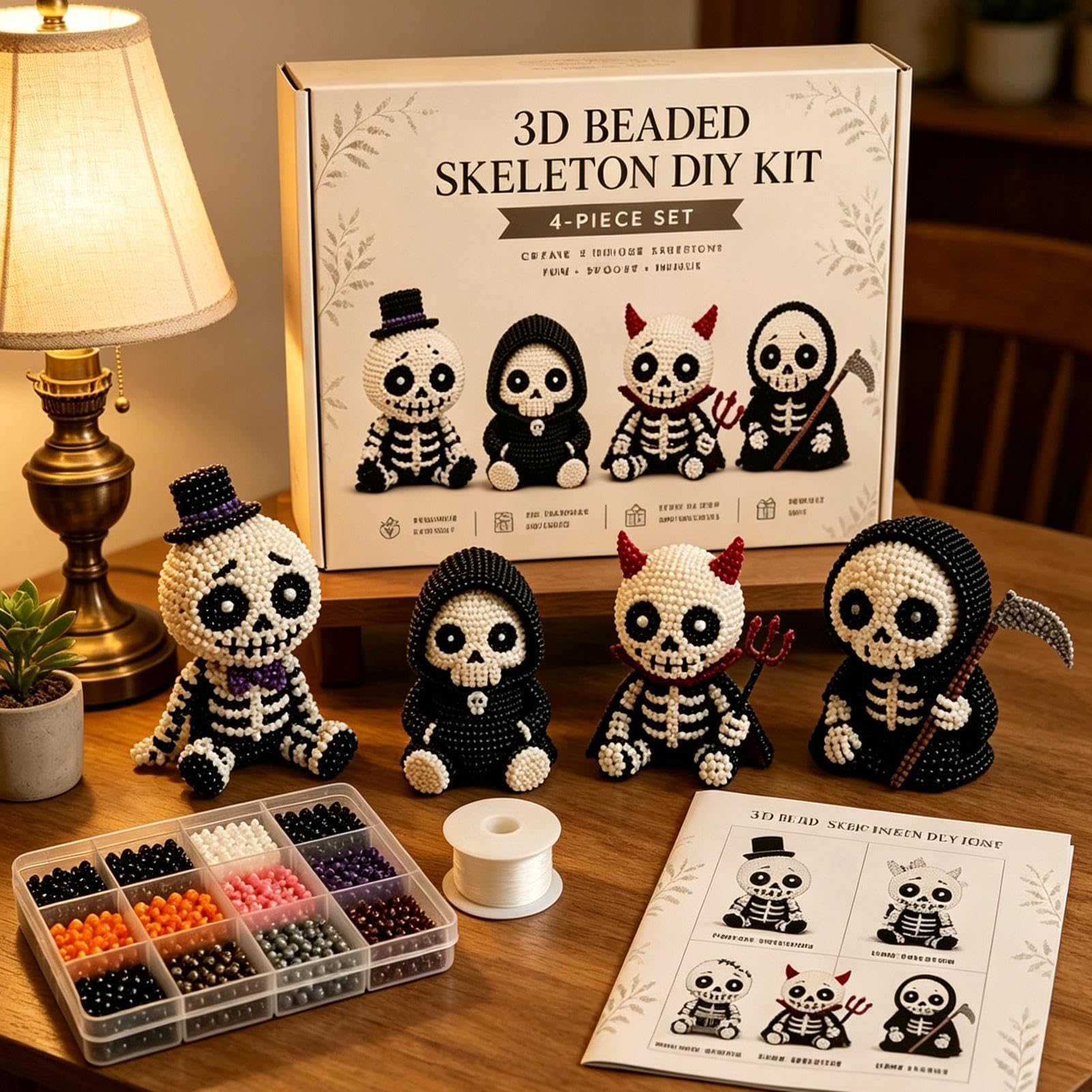 Tiny 3D Beaded Skeleton DIY Kit, Skull Bead Embroidery Kits, Cute Skeleton Beading Embroidery Kit with Colorful Beads & Instructions, Handmade DIY Skeletons Craft Set, for Adults Teens Beginners