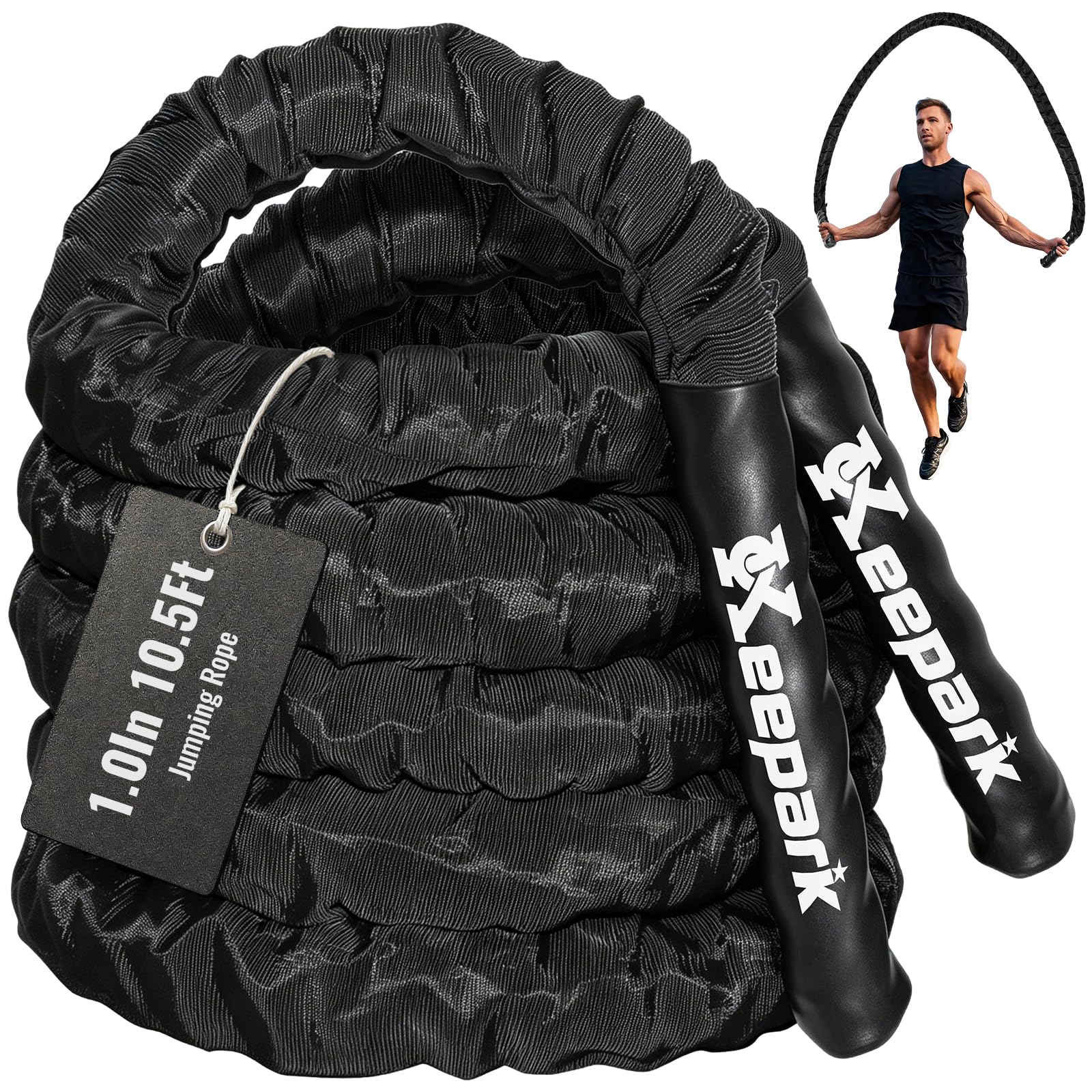 Springseil, gewichtetes Springseil, schwere Springseile für Fitness-Springseil für Frauen, Krafttraining, Gewichtsverlust, Boxtraining, 25 mm x 3,2 m, Schwarz