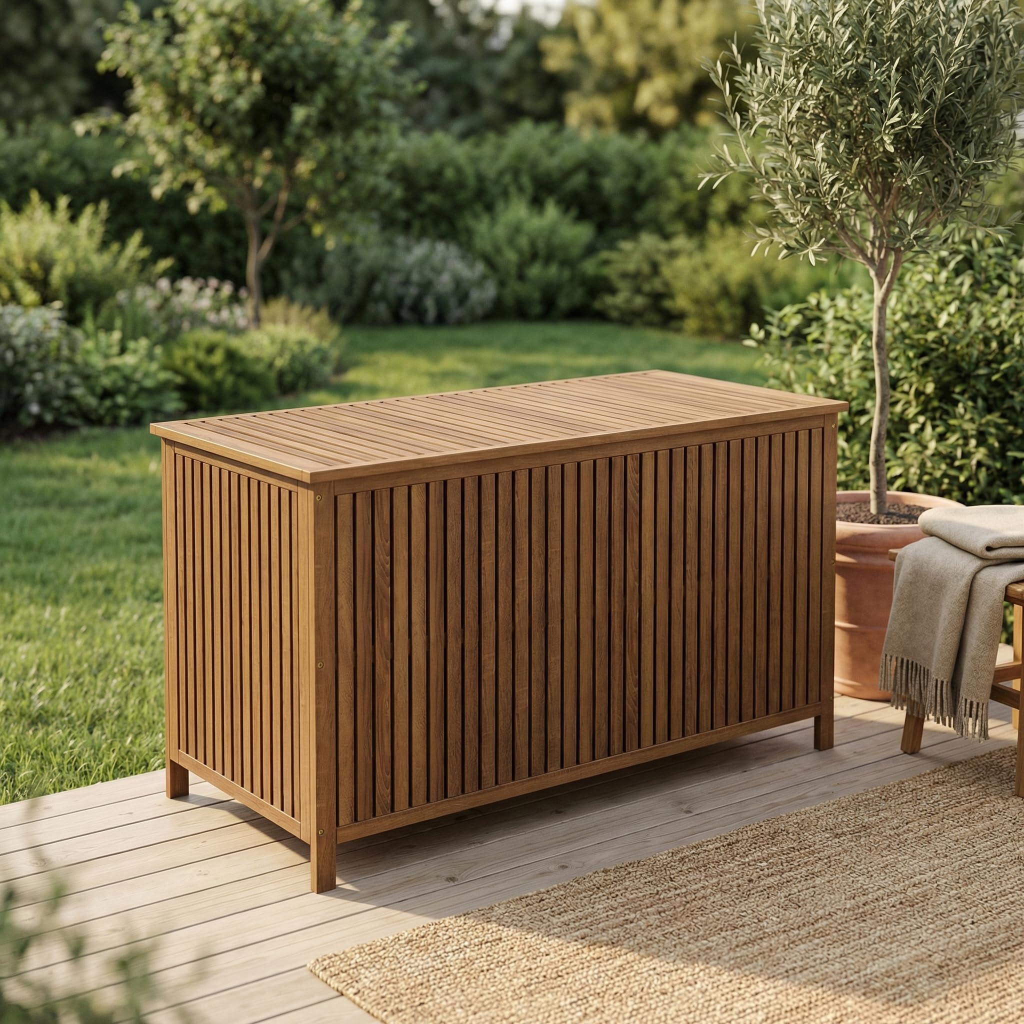 STEELSØN Alkes Aufbewahrungsbox aus geöltem Akazienholz – Auflagenbox mit hochwertiger Innenplane – Outdoor Kissenbox mit klappbarem Deckel – Sitztruhe sicherer Halt – Gartenbox wetterfest 114x52x59cm