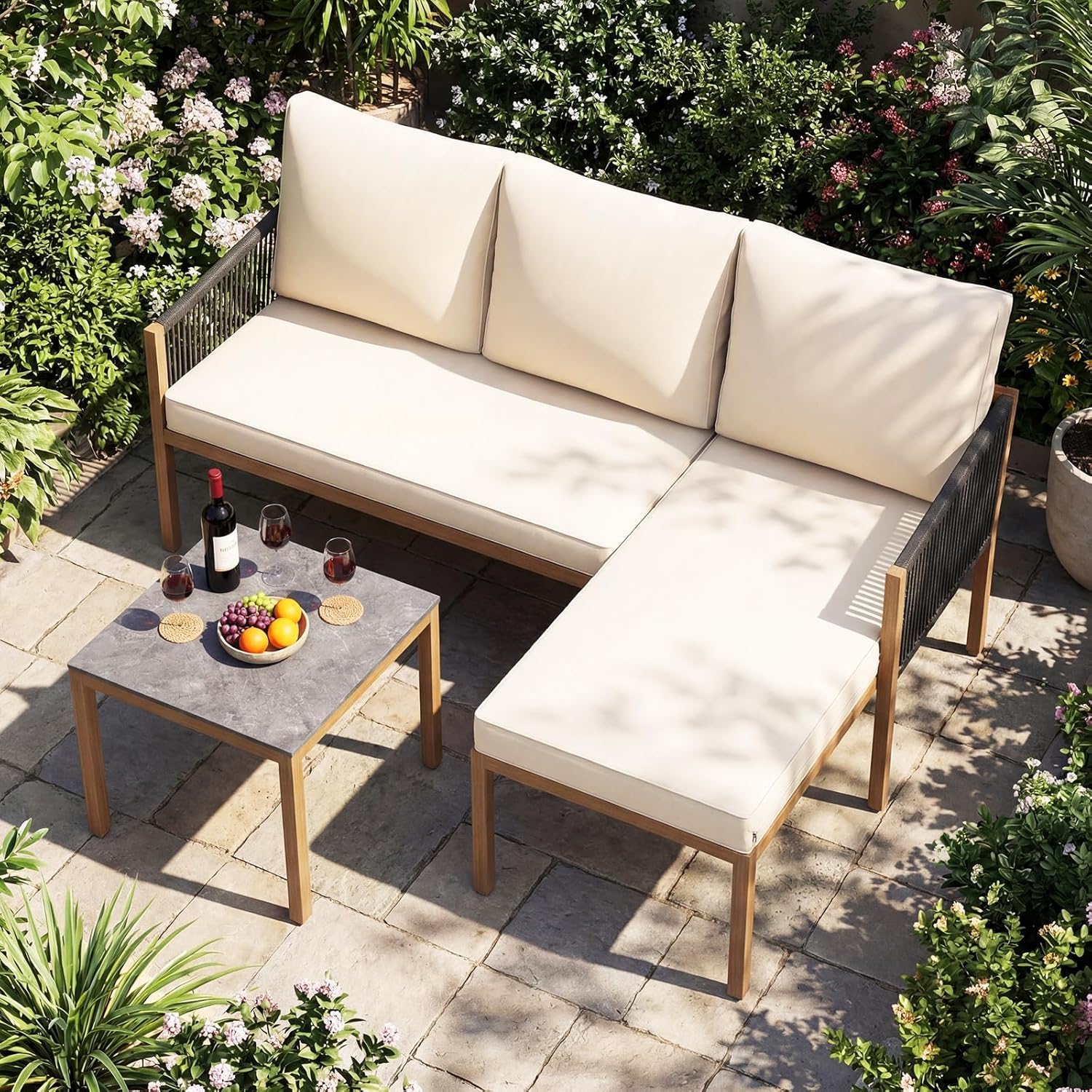 FANTASK Lounge Möbel Outdoor, Gartenmöbel Set 3-teilig mit Tisch & Kissen, Sitzgruppe für Garten, Balkon & Terrasse, ideal als Balkonmöbel & Terrassenmöbel