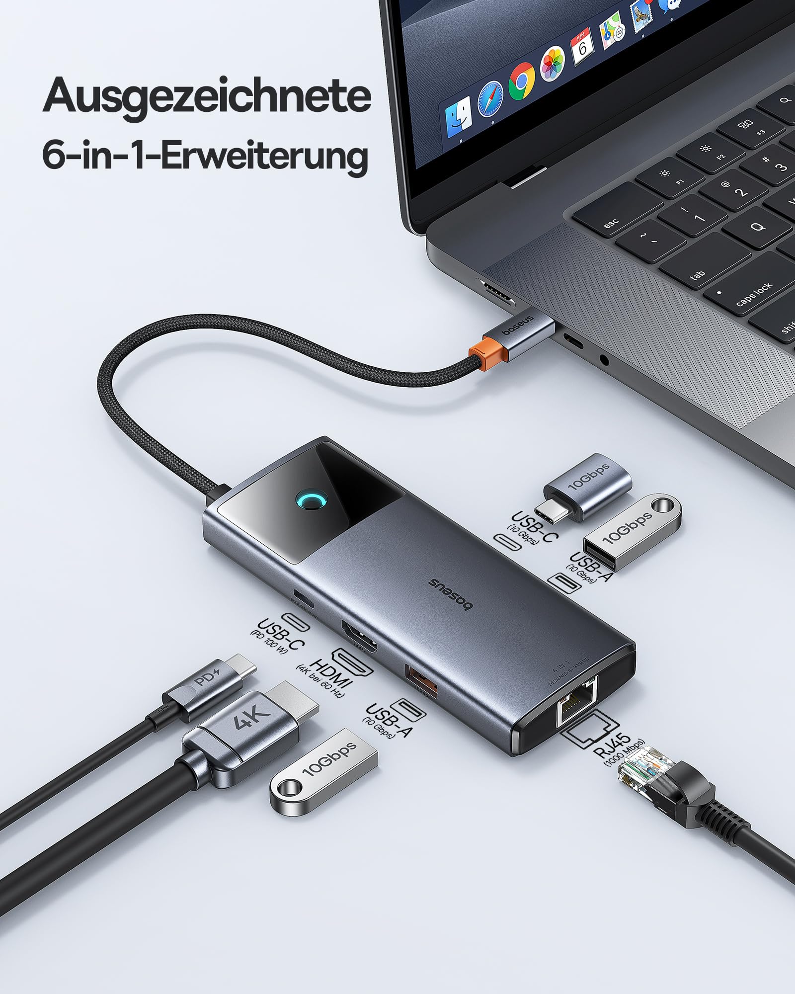 Baseus USB C Hub 10Gbps USB 3.2 Adapter mit LAN Ethernet, 4K@60Hz HDMI, 2 USB-A, USB-C, 100W PD, 6 in 1 Docking Station für iPhone 15, Laptop MacBook/Surface Pro/Dell/iPad/Steam Deck/Rog Ally/Samsung