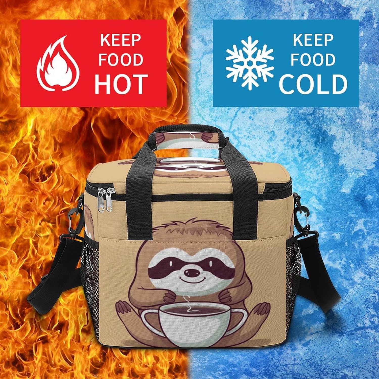 Camping Ice Pack, Yoga Sloth Coffee Print Cooler Bag, 22.5L Large Capacity Insulated Lunch Tote Bag for Outdoor, Picnic, BBQ, Travel, Work
