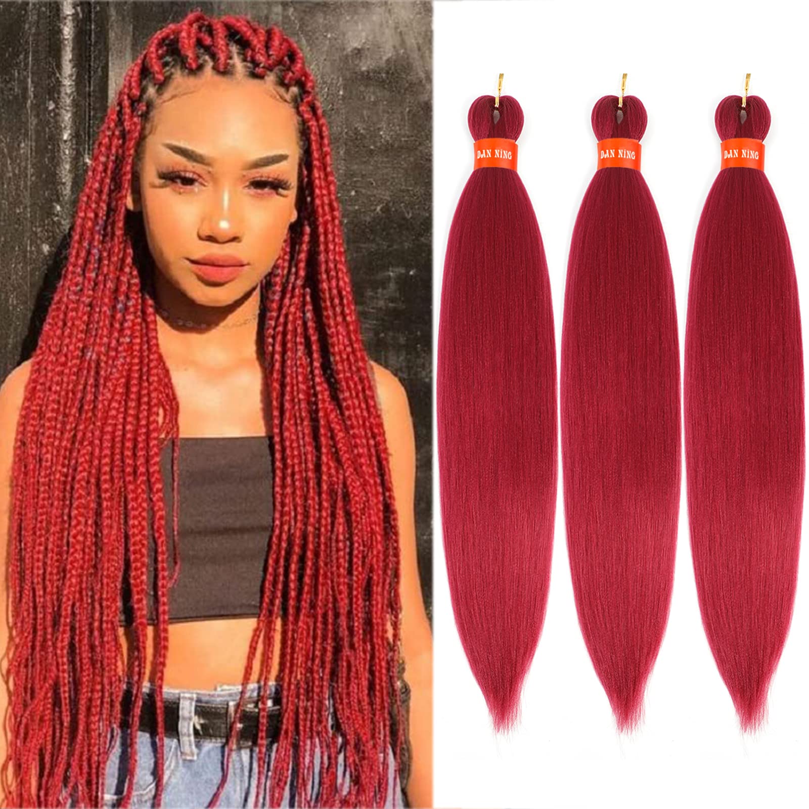 Rose Red Pre Stretched Braiding Hair 30 Inch Kanekalon Box Braid Hair Extensions 3 Packs Yaki Texture Pre feathered Braids Hair Easy to Use for All Seasons Occasions