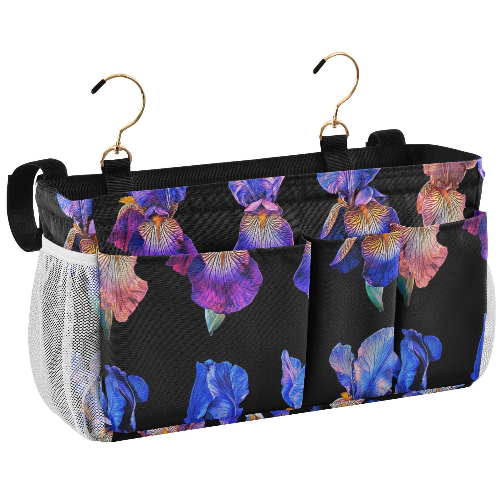 FRODOTGV Bedside Storage Basket Nature Iris Black Hanging Organizer with Big Pockets And Bottle Holder for Dorm, Bunk, Loft, Hospital Bed