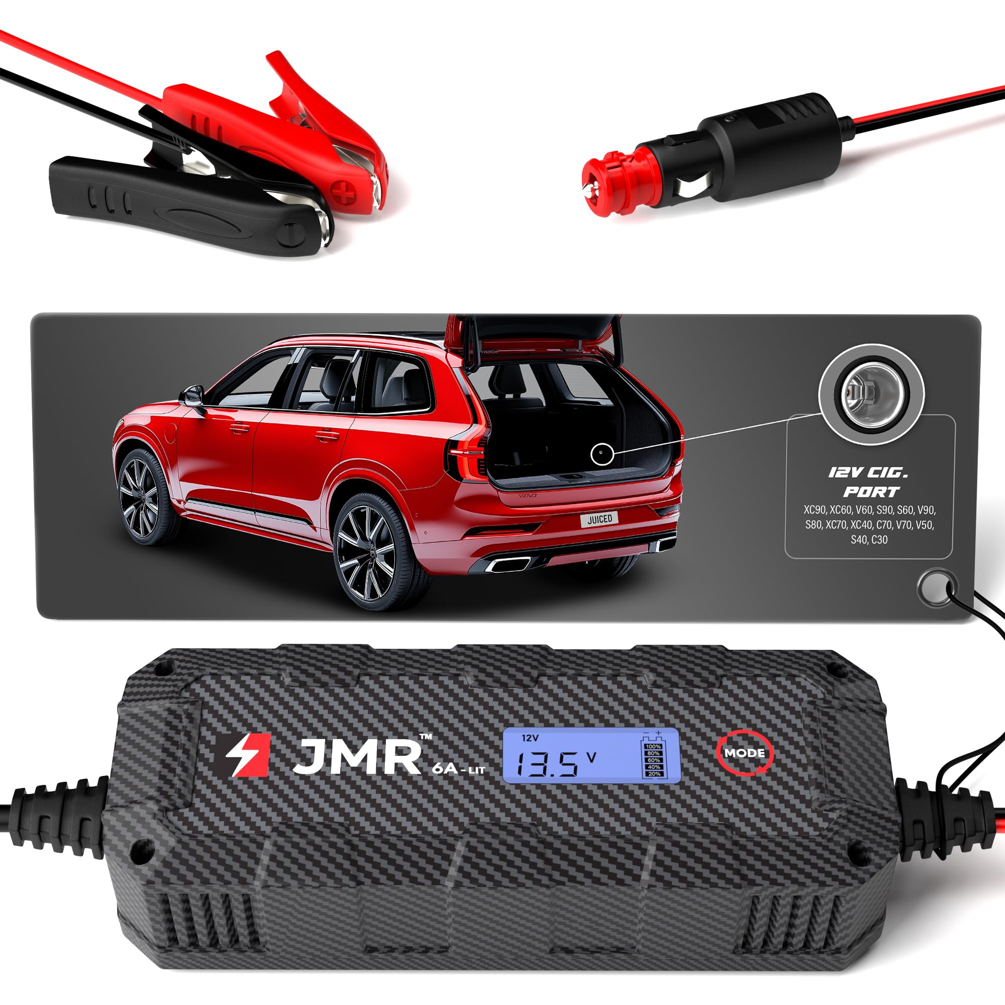 JMR Battery Charger for Volvo XC90 XC60 V60 S90 S60 V90 S80 XC70 XC40 C70 V70 V50 S40 C30 All Models Trickle Charger Conditioner Maintainer (Add Lithium Mode)