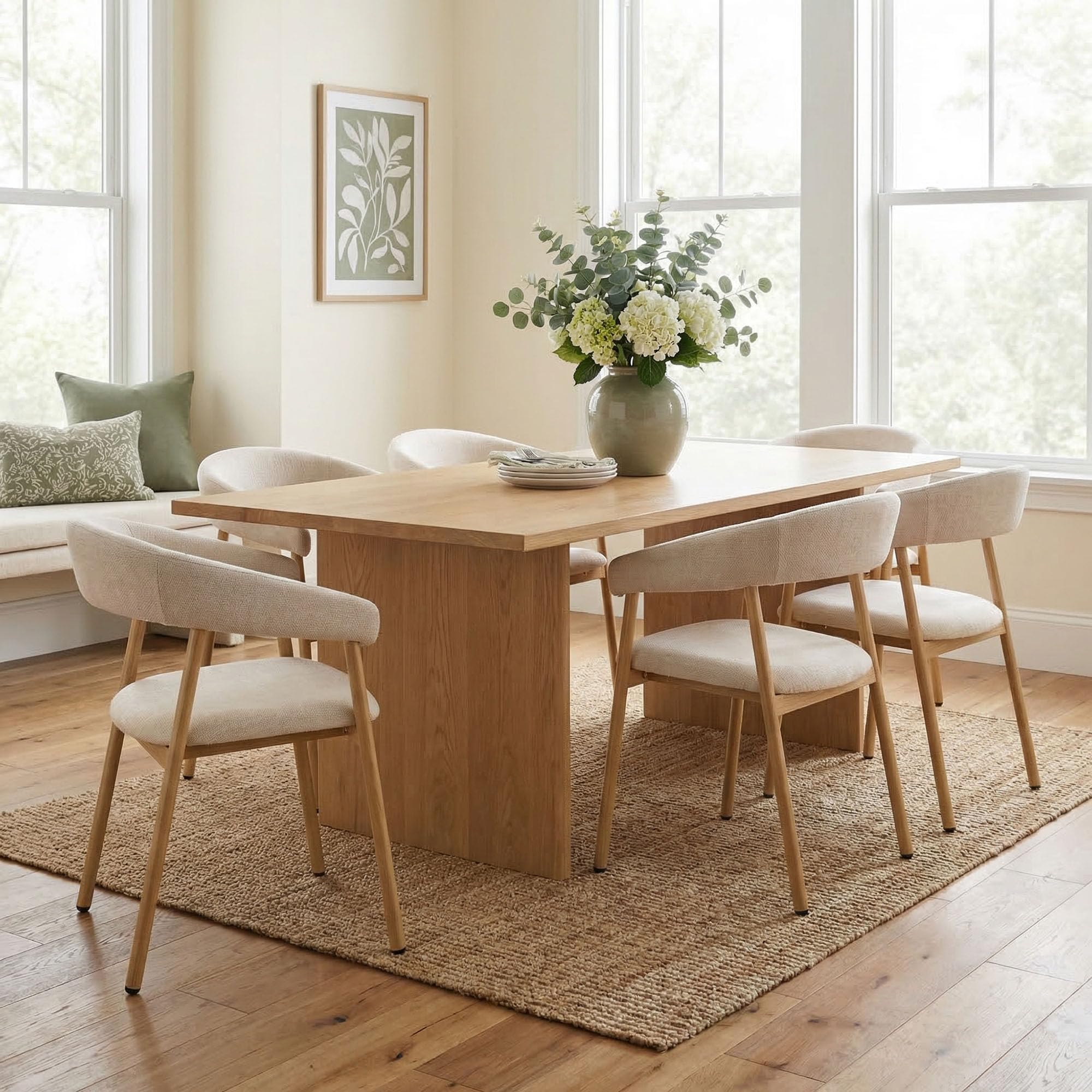 Modern Dining Chairs Set of 4 Ergonomic Chenille Upholstered with Armrest and Curved Back Kitchen Chair Metal Legs with Wood Grain Beige (2, Beige-oak color)