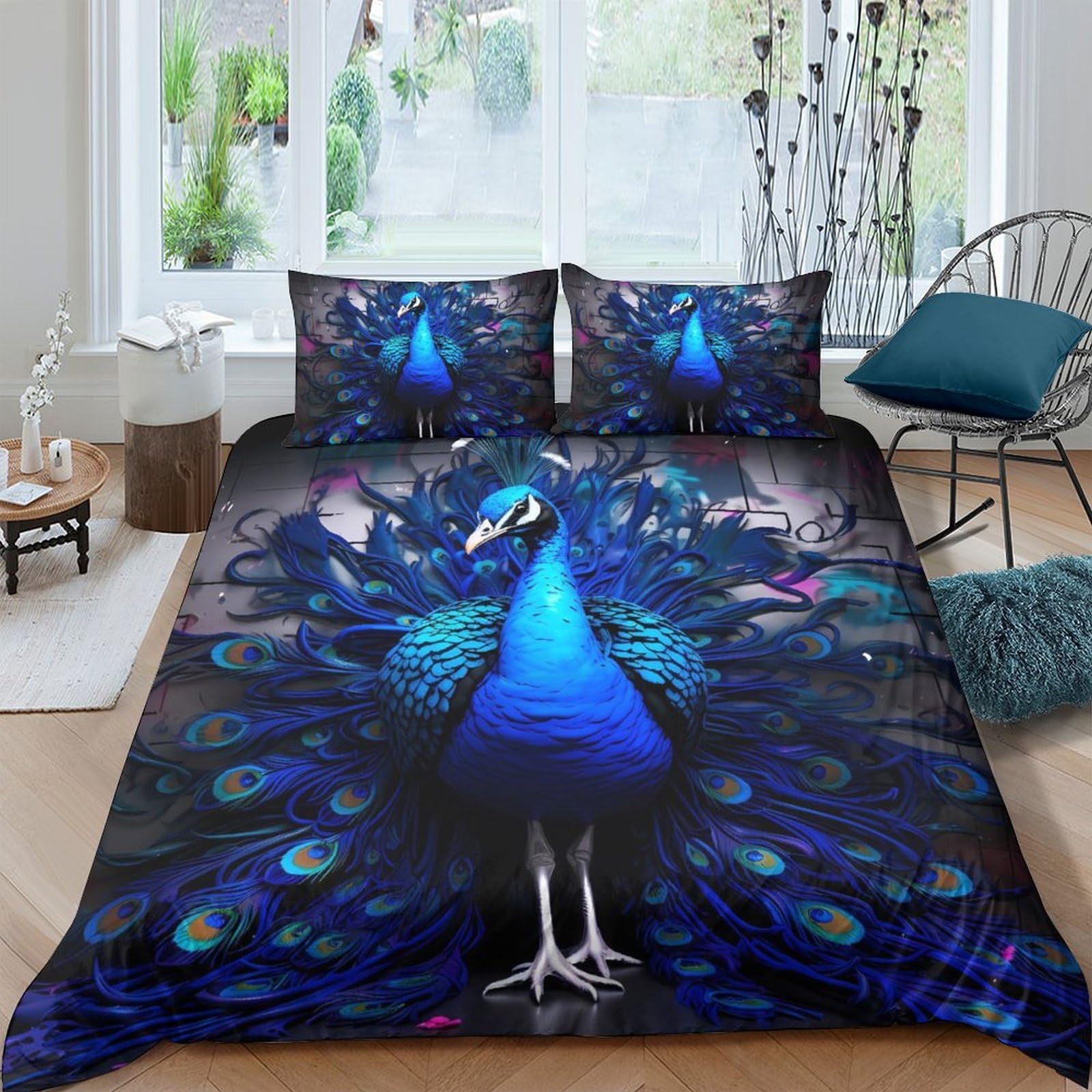 GPLZQXKJNH 3D Printed Peacock Feather Duvet Cover Set Microfiber Blue Bird Bedding Set with 2 Pillowcases for Bedroom Decor, Breathable and All Season Single（135x200cm）