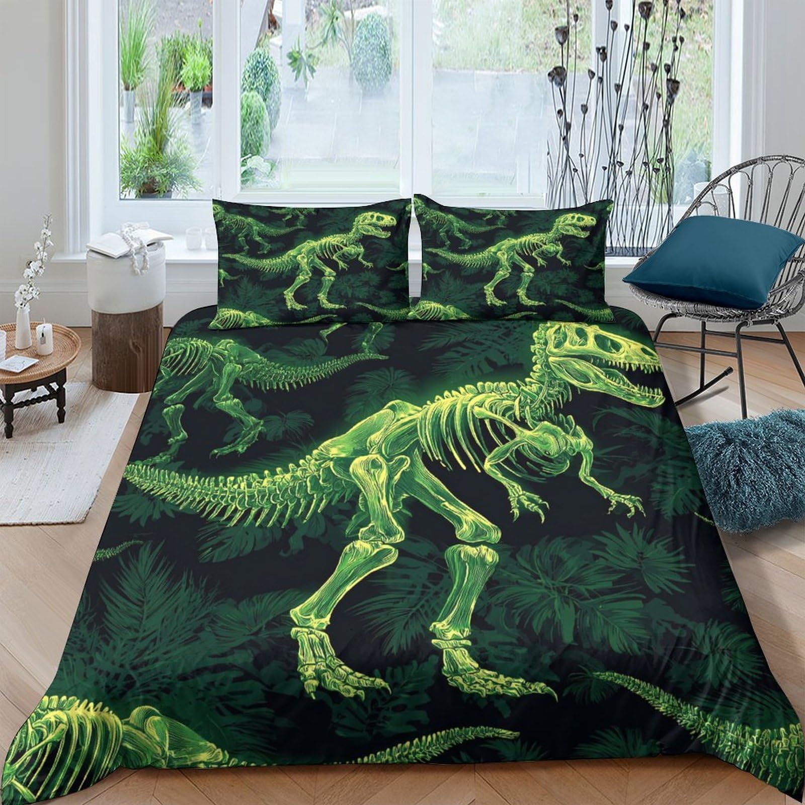 Ctjqhvkz Style-4 3D Printed Dinosaur Skeleton Fitted Sheet Microfiber Dark Green Bed Cover Anti-Slip Machine Washable For Bedroom Dorm Decor Single（135X200cm）