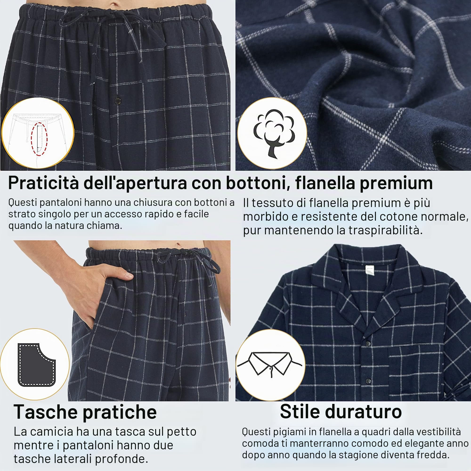 YUSHOW Pigiama Uomo Invernale Cotone Flanella Quadri Pigiami Due Pezzi Maglia Maniche Lunghe Pantaloni Pigiama con Tasche Caldo Morbidi Abbigliamento da Notte