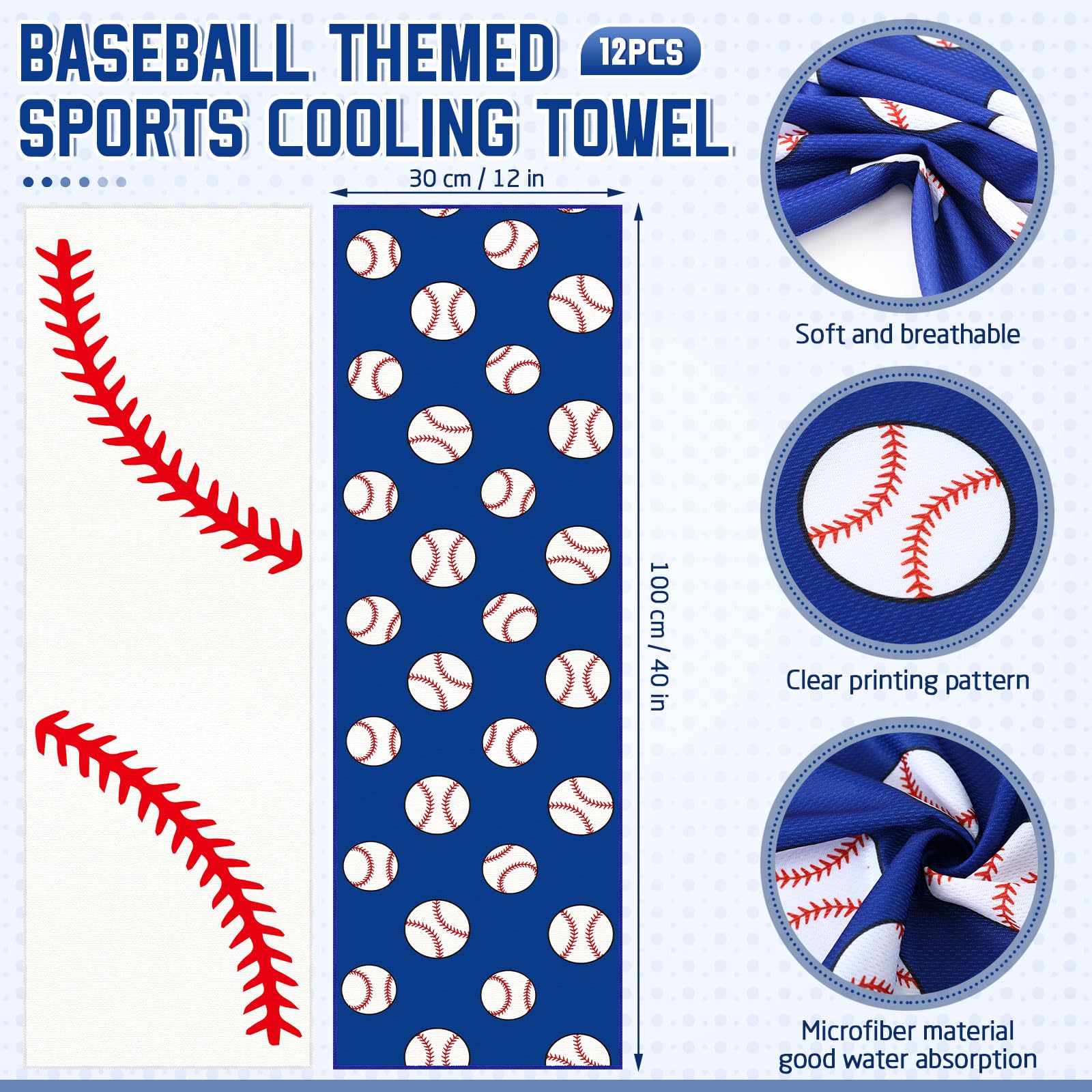 12 Pcs Sports Cooling Towels Baseball Basketball Softball 40 x 12 Inch Breathable Soccer Football Volleyball Microfiber Ice Towel Fast Drying for Sport Party Favors Team Gift(Blue,Baseball)