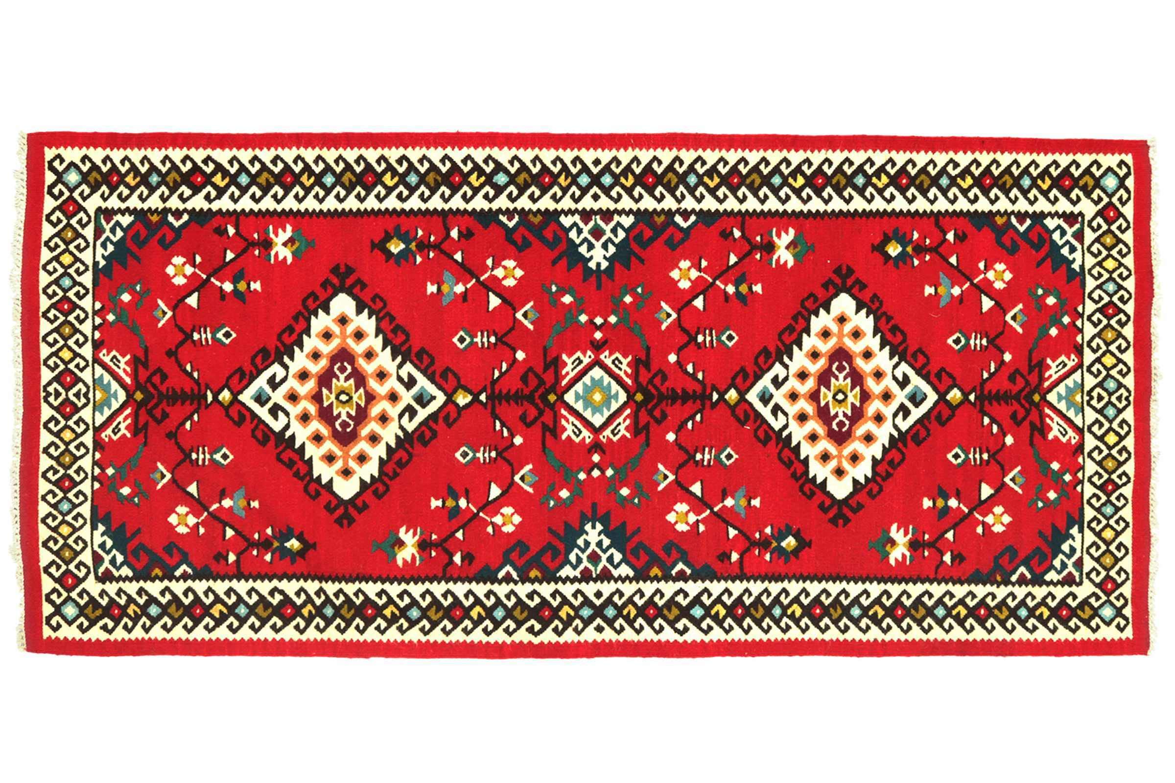 Tapis turc Kelim fait main l'esprit voyageur au motif géométrique rouge 100x180