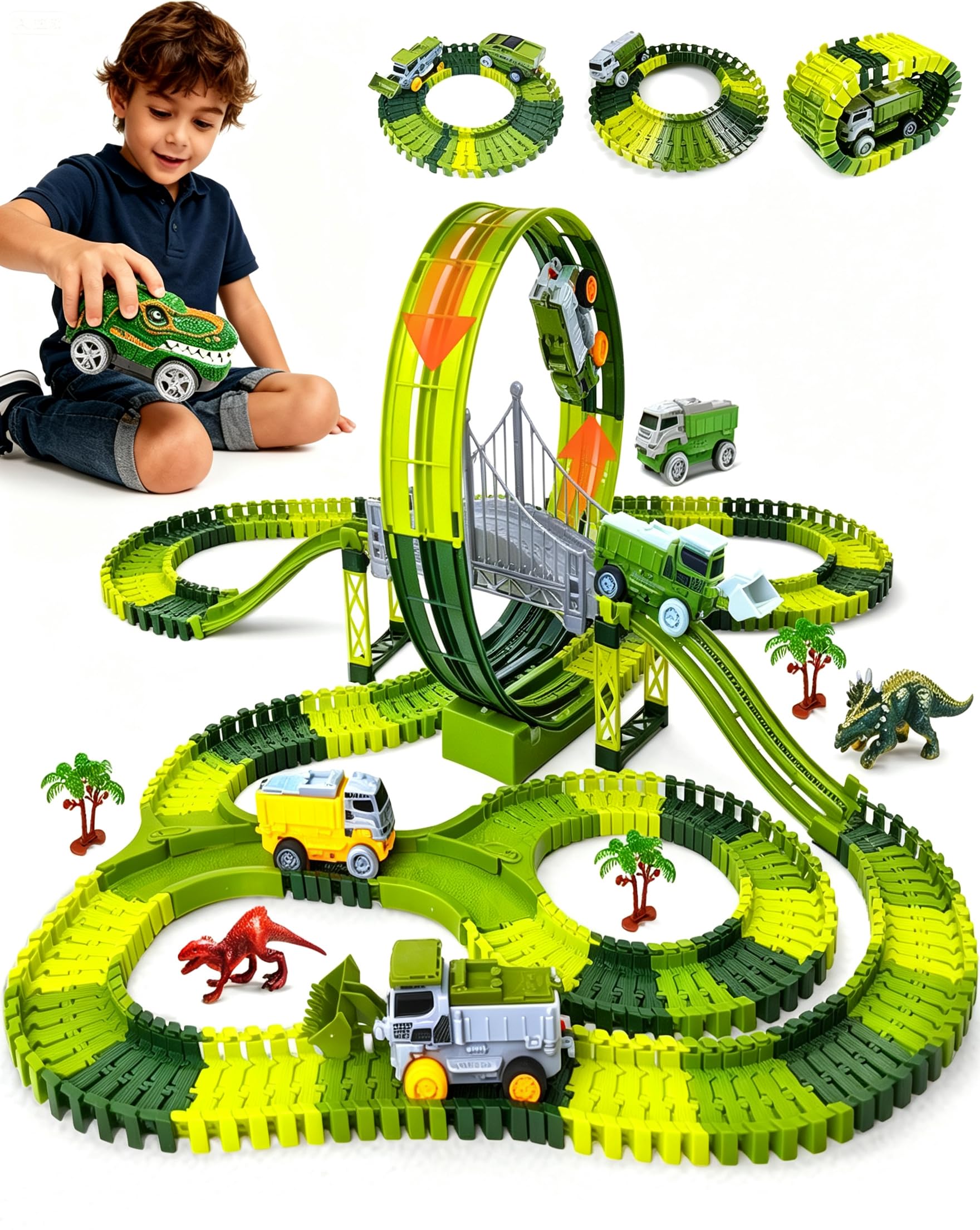 Maraiss Dinosaur Track Toy Set, 271-Piece Flexible Track with 360° Loop, 2 Electric Dinosaur Cars, Dinosaur Theme Playset for Boys Girls Aged 3-9, Birthday and Party Activities