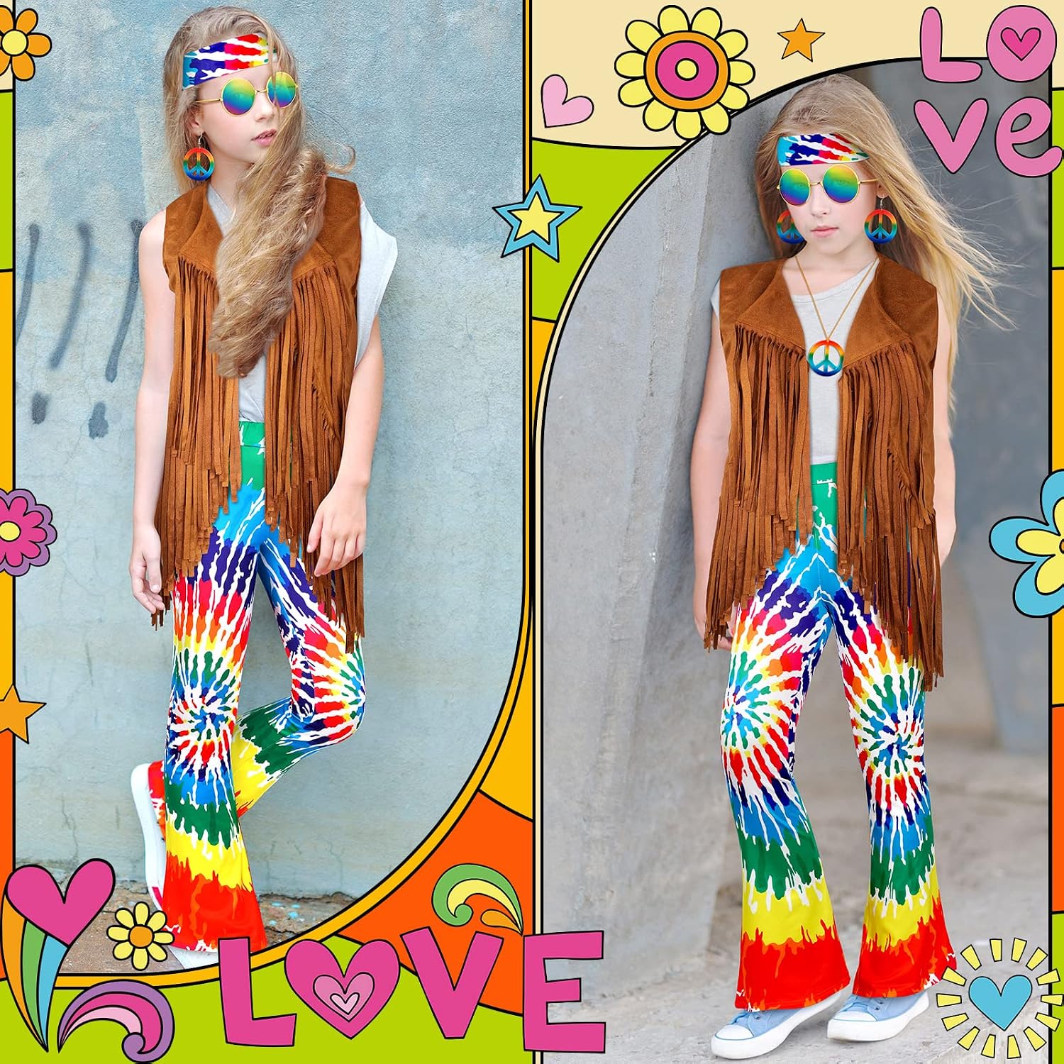 Jenaai 7 Pcs Kids 60s 70s Hippie Outfits for Girls Costume Set Boho Flared Pants Hippie Outfits Accessories Set
