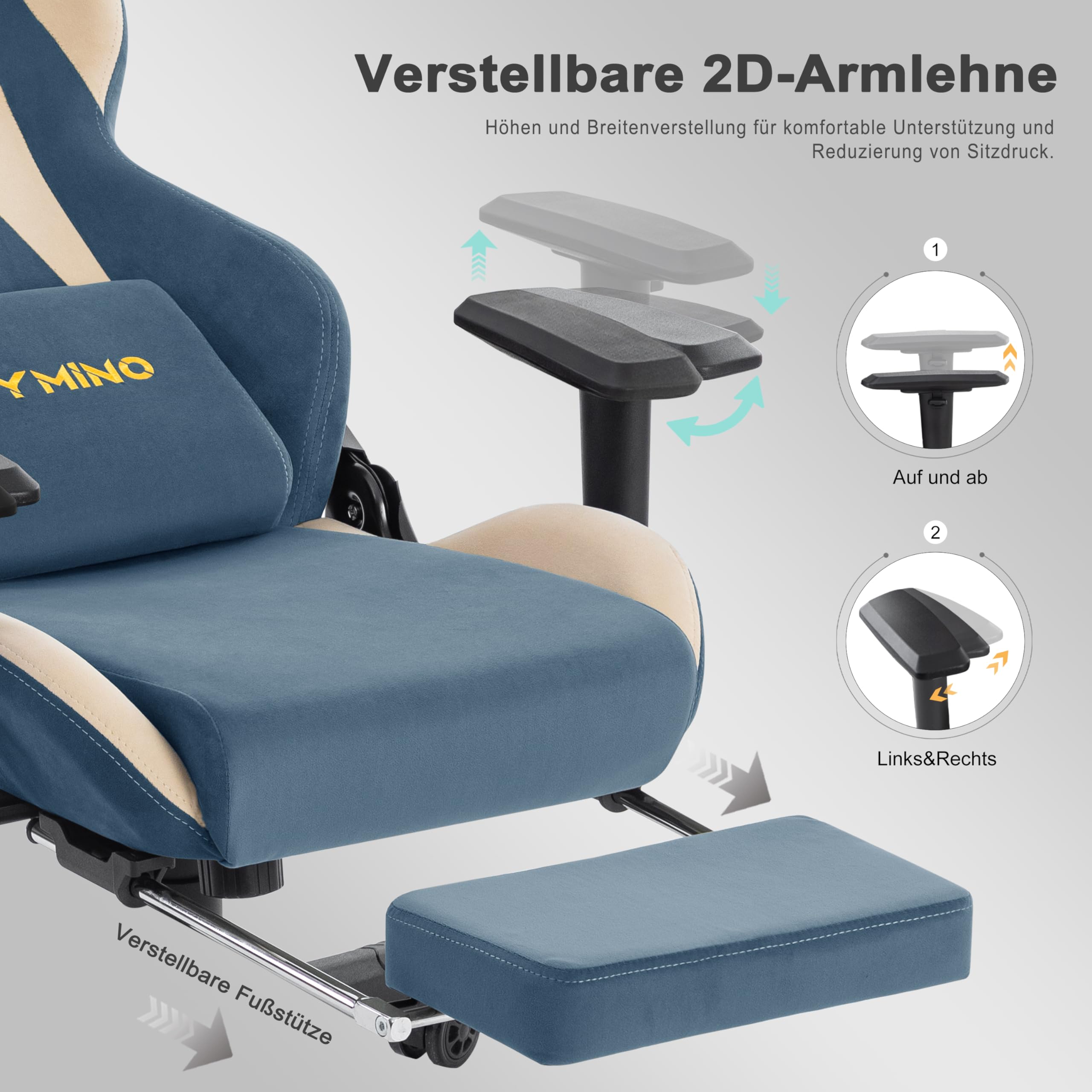 Symino Gaming Stuhl, Luxuriöser Wildlederimitat Gaming Chair, Ergonomischer Bürostuhl Schreibtischstuhl mit Fußstütze Kopfstütze und Lendenkissen, 90-167° Rückenlehne, Blau-Beige