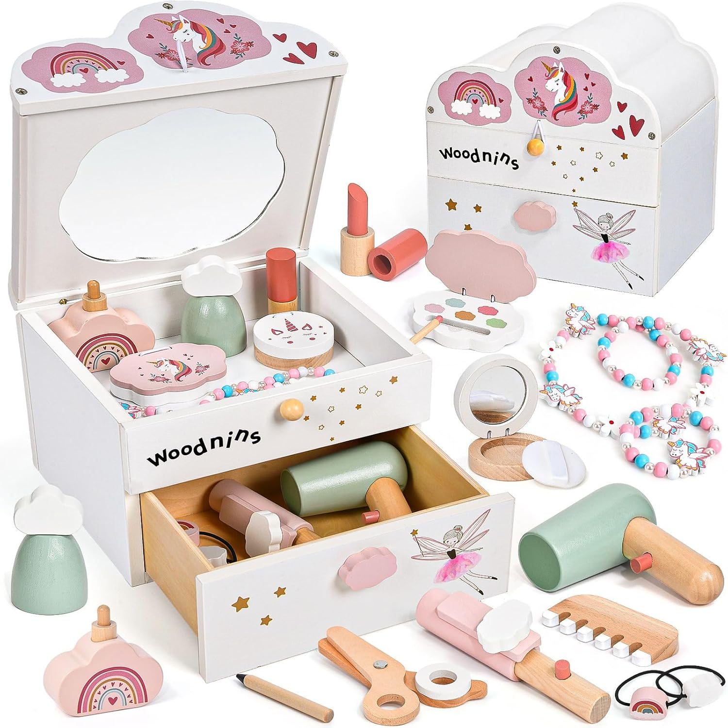 Wooden Kids Vanity Set for Toddlers 3-5, 19 PCS Princess Pretend Play Makeup Kit with Vanity & Mirror & Drawer, Christmas Birthday Gifts for Toddler Girls 3 4 5 6 7 8 Years Old
