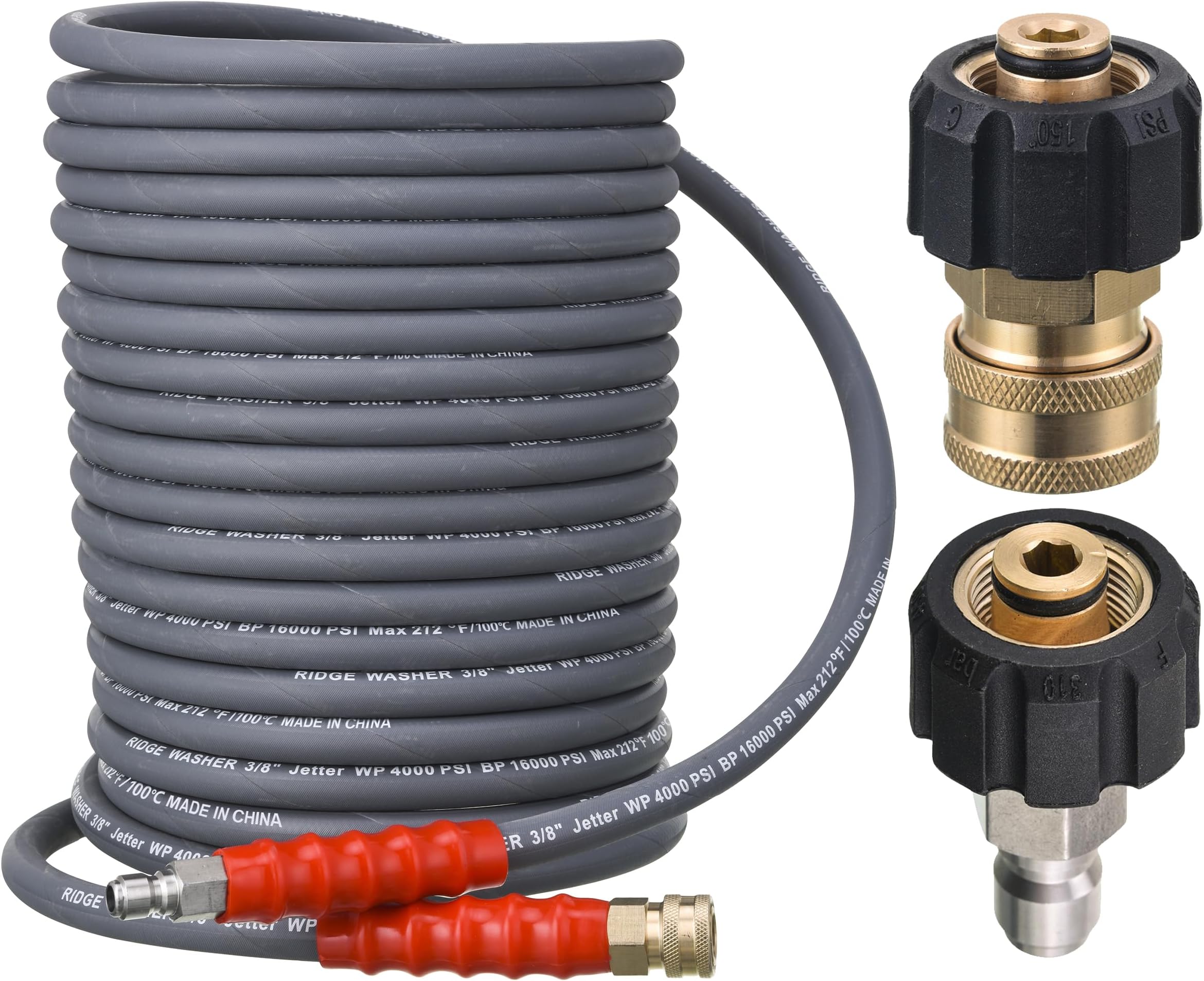 RIDGE WASHER Pressure Washer Hose 50 Feet X 3/8 Inch for Hot and Cold Water, with M22 14 mm to 3/8 Inch Quick Connect, 4000 PSI