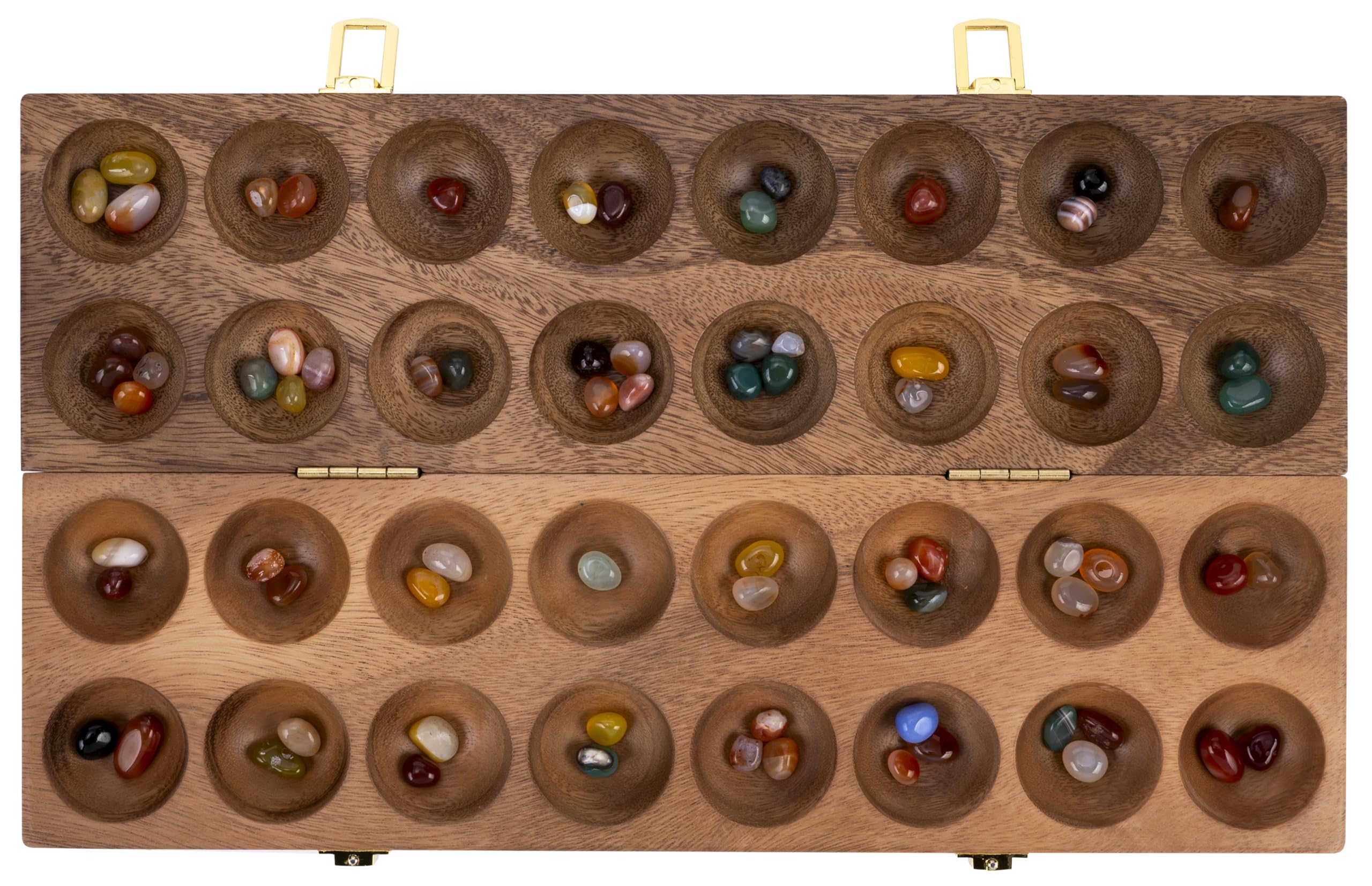 Engelhart Awale en Bois Mancala Luxe - Noyer Pliant 44 X 25 Cm, 75 Pierres | Jeu Africain De Strategie Pour 2 Joueurs - Pierres Semi Precieuses Colorees, Coffret 2,5 Cm D'Epaisseur Et Regles Incluses