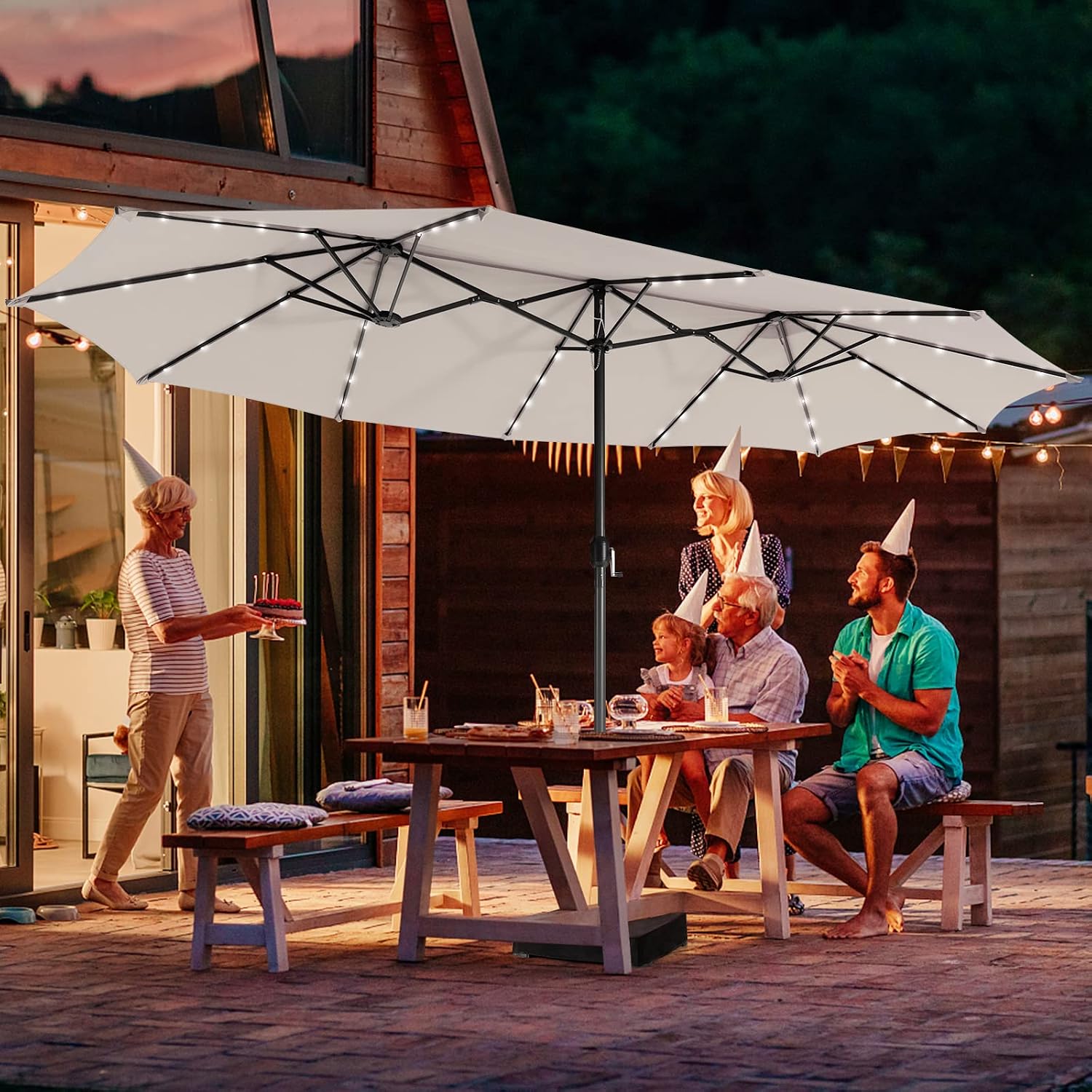 Giantex Large Outdoor Umbrella Double-Sided, 48 Solar Lights, Auto-Charging Solar Panel, Extra Large Patio Umbrella with Base and Crank, Outdoor Market Umbrellas for Poolside Garden