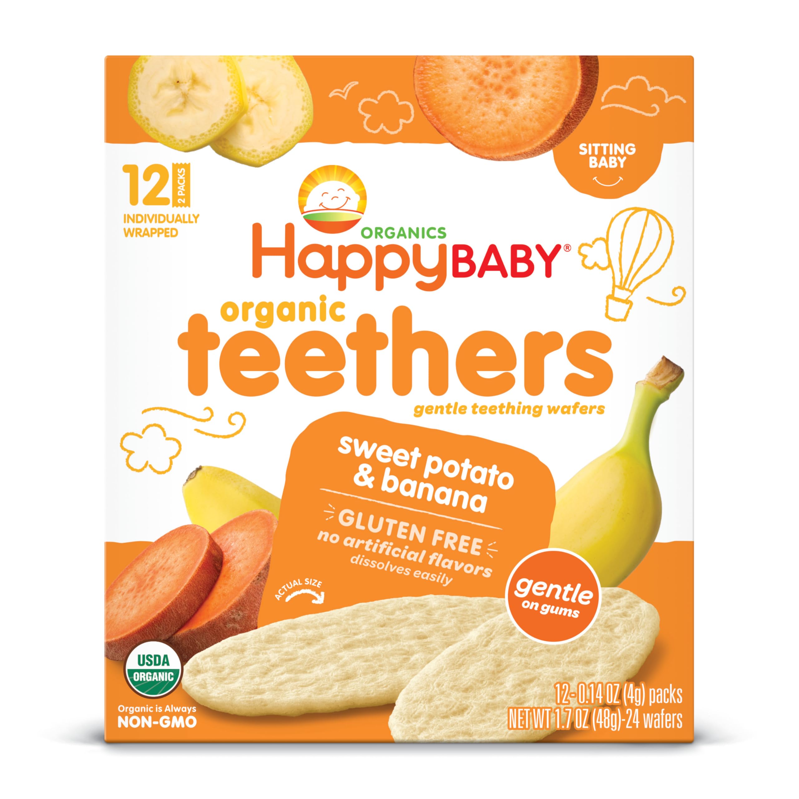 Happy Baby Gentle Teethers Organic Teething Wafers Banana Sweet Potato, Soothing Rice Cookies for Teething Babies Dissolves Easily Organic Gluten Free No Artificial Flavor,0.14 Ounce (Pack of 12)