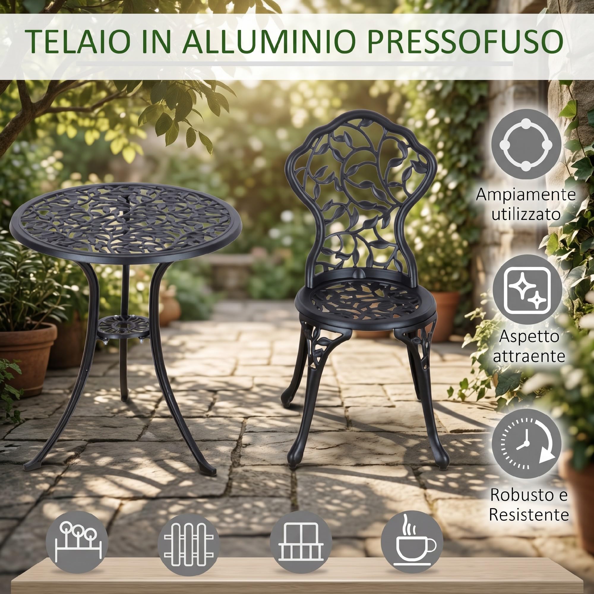 Outsunny Set Bistrò 3 Pezzi con 2 Sedie da Giardino e Tavolino Rotondo | Set Tavolo e Sedie da Giardino in Alluminio, per Patio, Cortile, Esterno, Nero