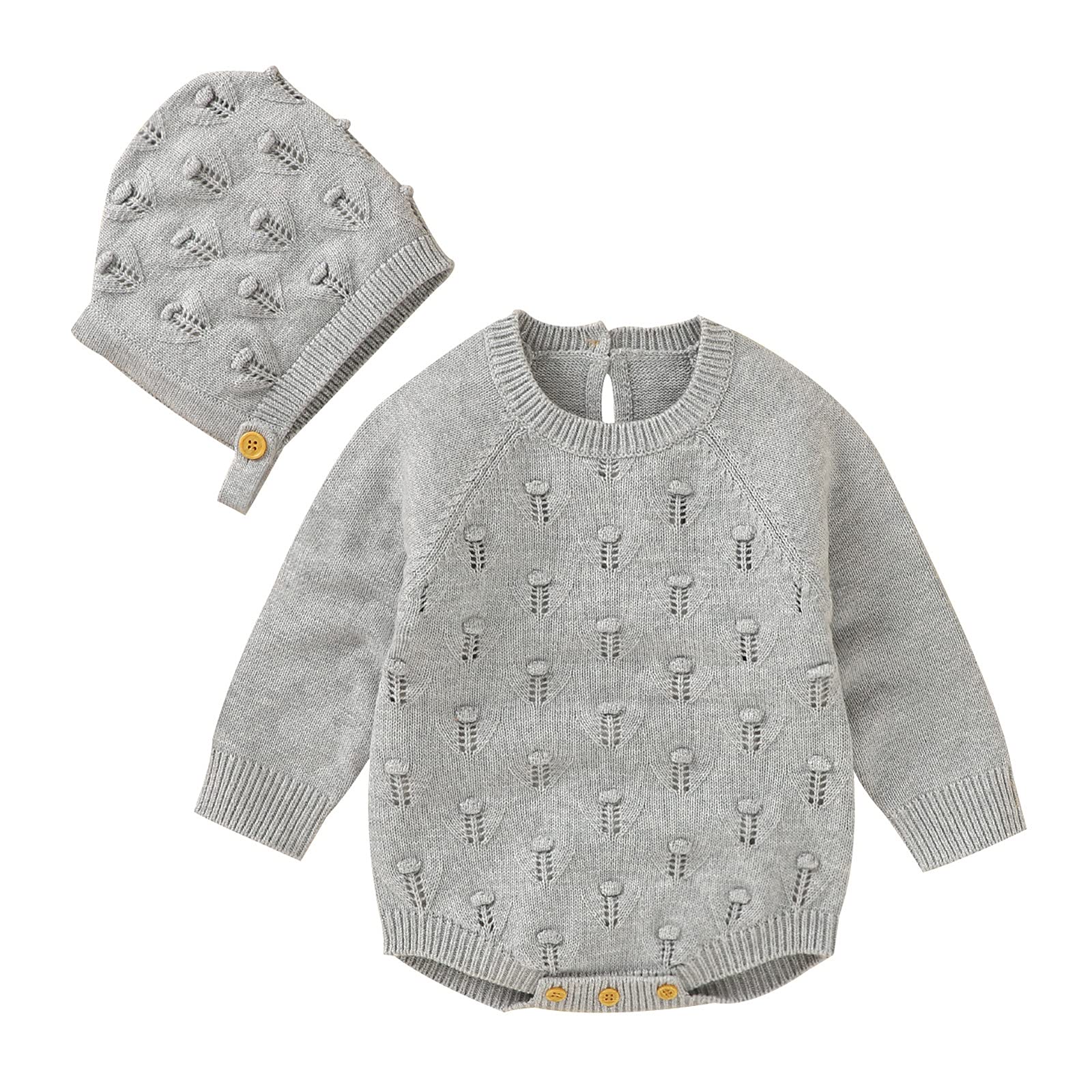 RNTOP Newborn Baby Girl Boy Sweater Romper Long Sleeve Knitted Bodysuit Jumpsuit Sweaters with Hat (Grey, 3-6 Months)