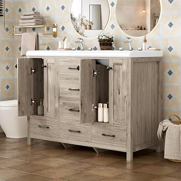 46.7 inch Bathroom Sink Vanity Combo, Large Freestanding Double Bath Vanity Sink Set with 2 Cabinets & 5 Drawers, Dual Basin Modern Bathroom Storage Cabinet, Light Wood