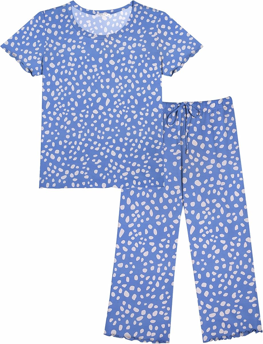 Ekouaer Women's Pajamas Set Short Sleeve Sleepwear Capri Pants Loungewear | Round Neck Pajamas Top, Pants with Pockets, Elastic Drawstring, 2 Piece Soft Ladies Pjs Set, Casual Lounge Set, Gift for Mom