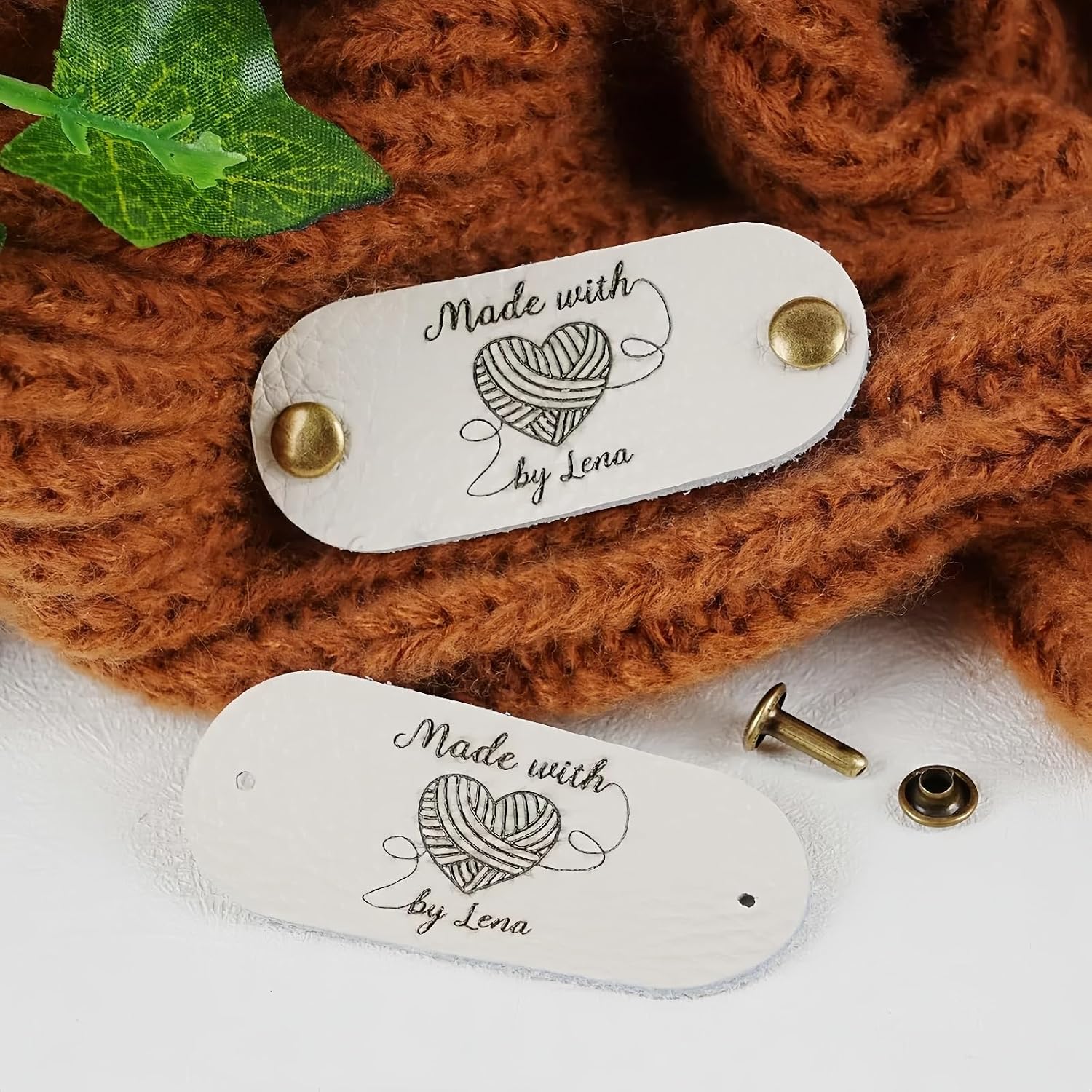 Personalized Leather Clothing Labels, Custom Tags for Knitted Products, DIY Leather Labels with Rivets, Set of 10-100 (Multiple Colors and Sizes)