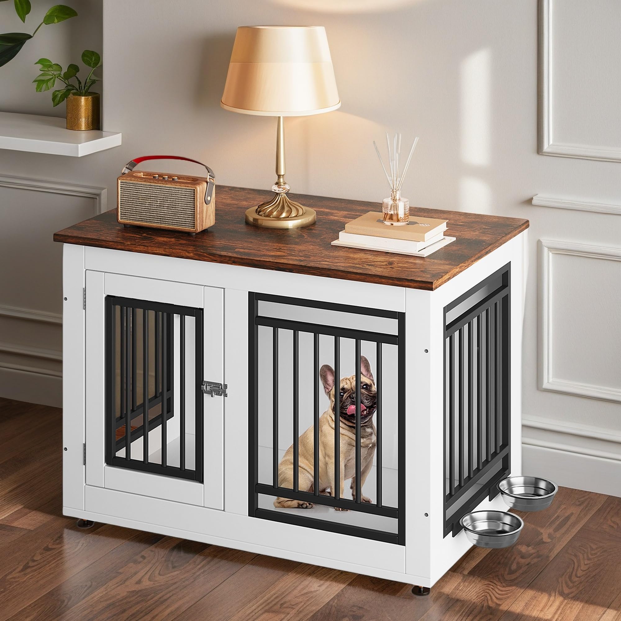 DWVO Dog Crate Furniture with Adjustable Feet & Removable Bowls, 35 Inch Dog Kennel Indoor Furniture End Table for Dogs, Modern Decorative Wooden Cage, Chew-Resistant, White