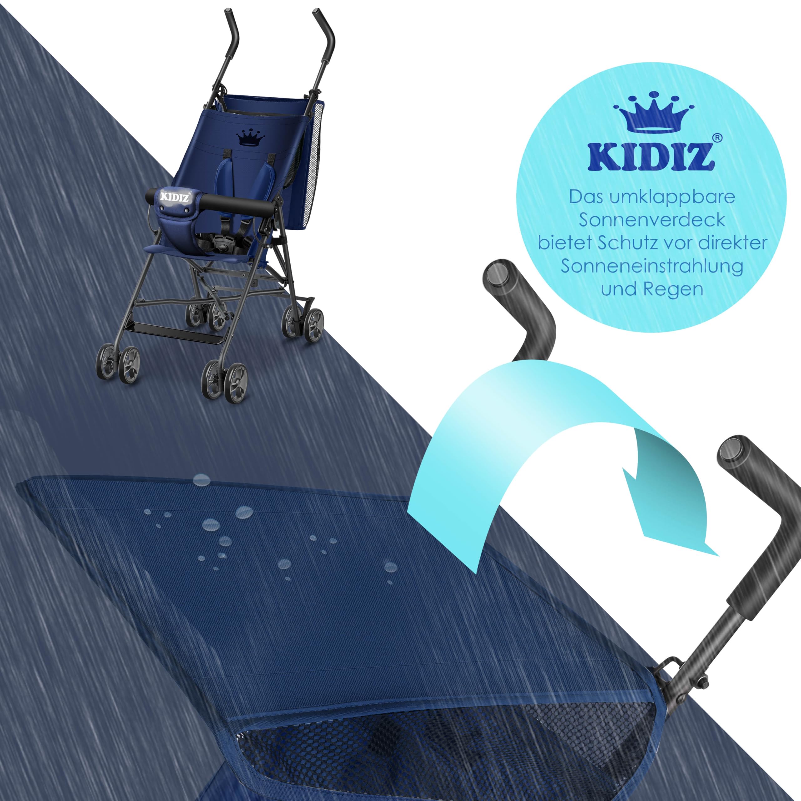 KIDIZ Poussette pliante 360°, roues 4", avec parasol, ceinture de sécurité 5 points de 6 mois, bleu/bleu marine