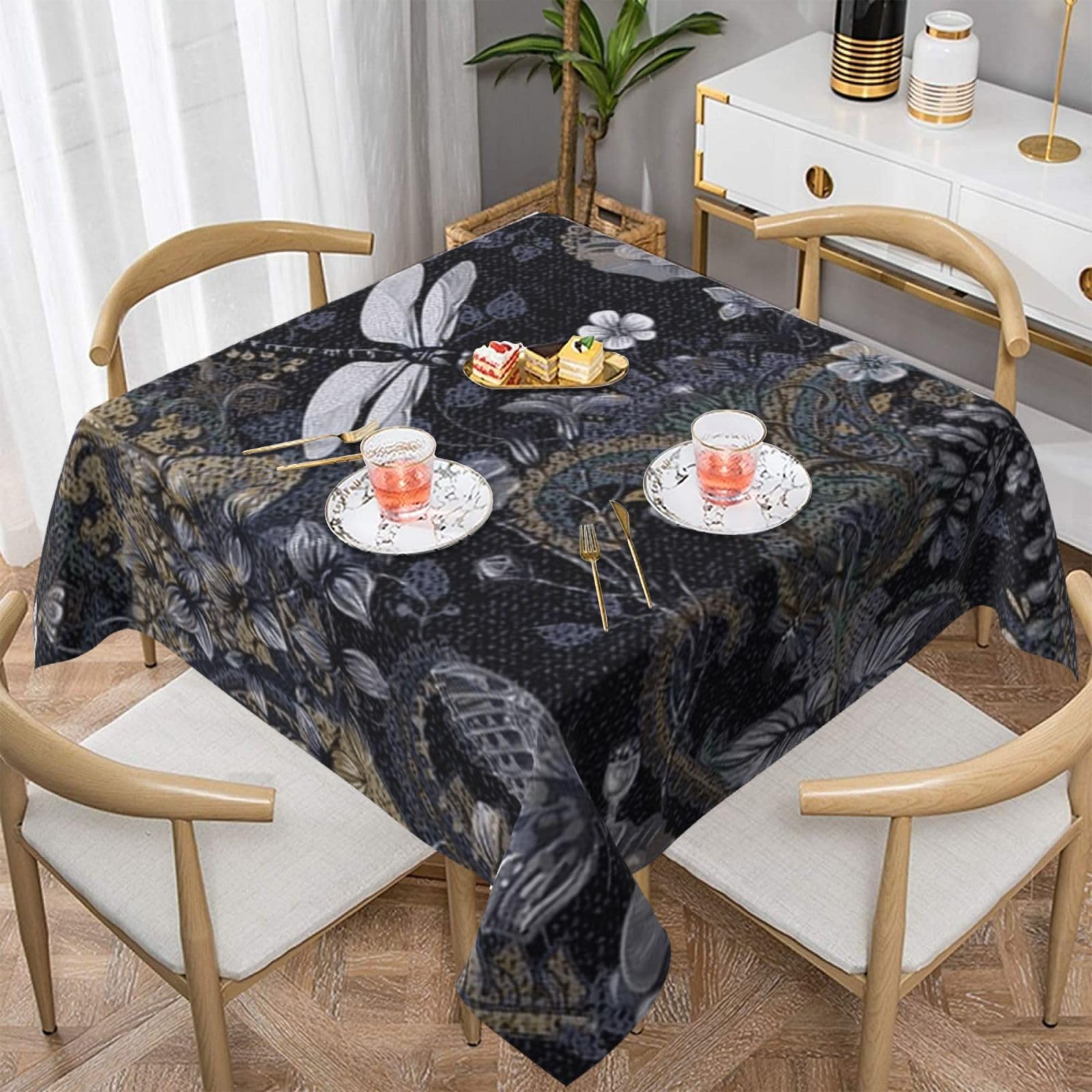 DCEHGEW Dragonflies Grey Prints Square Tablecloth 152x152 CM, Waterproof Fabric Table Cloth for Dining Table, Farmhouse Table Cover for Kitchen Dining Tabletop Decoration
