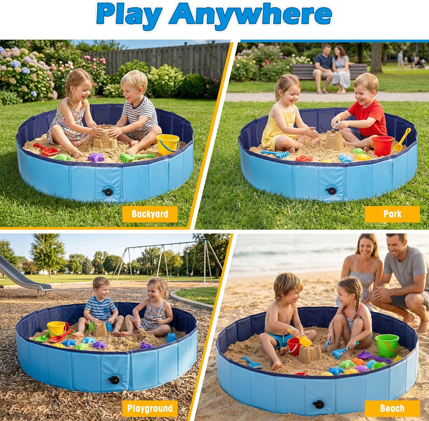 Foldable Sandbox for Kids, Large 48x48in Sand Box Toys for Kids Ages 3-8, Portable Outdoor & Indoor Sand Pit for Backyard, Balcony, Beach, Camping, Waterproof PVC Material with Drain Hole