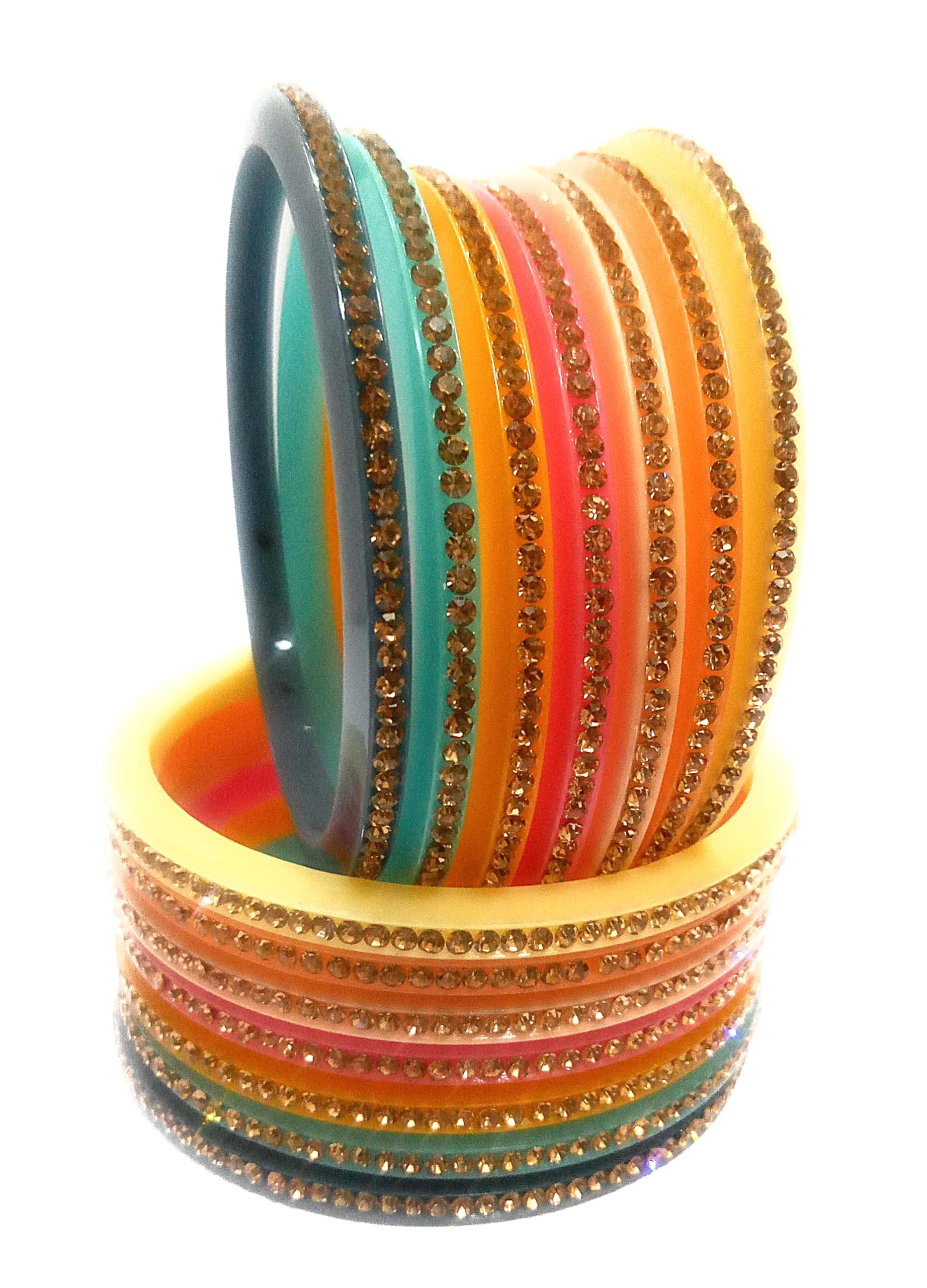 Child Girls and Teenagers Fashion Bangles Set, Rainbow Colour 14 Plastic Bangles with Zircon Stones (Multi-Light, 3-5 year old child (5.0 cm Diameter))