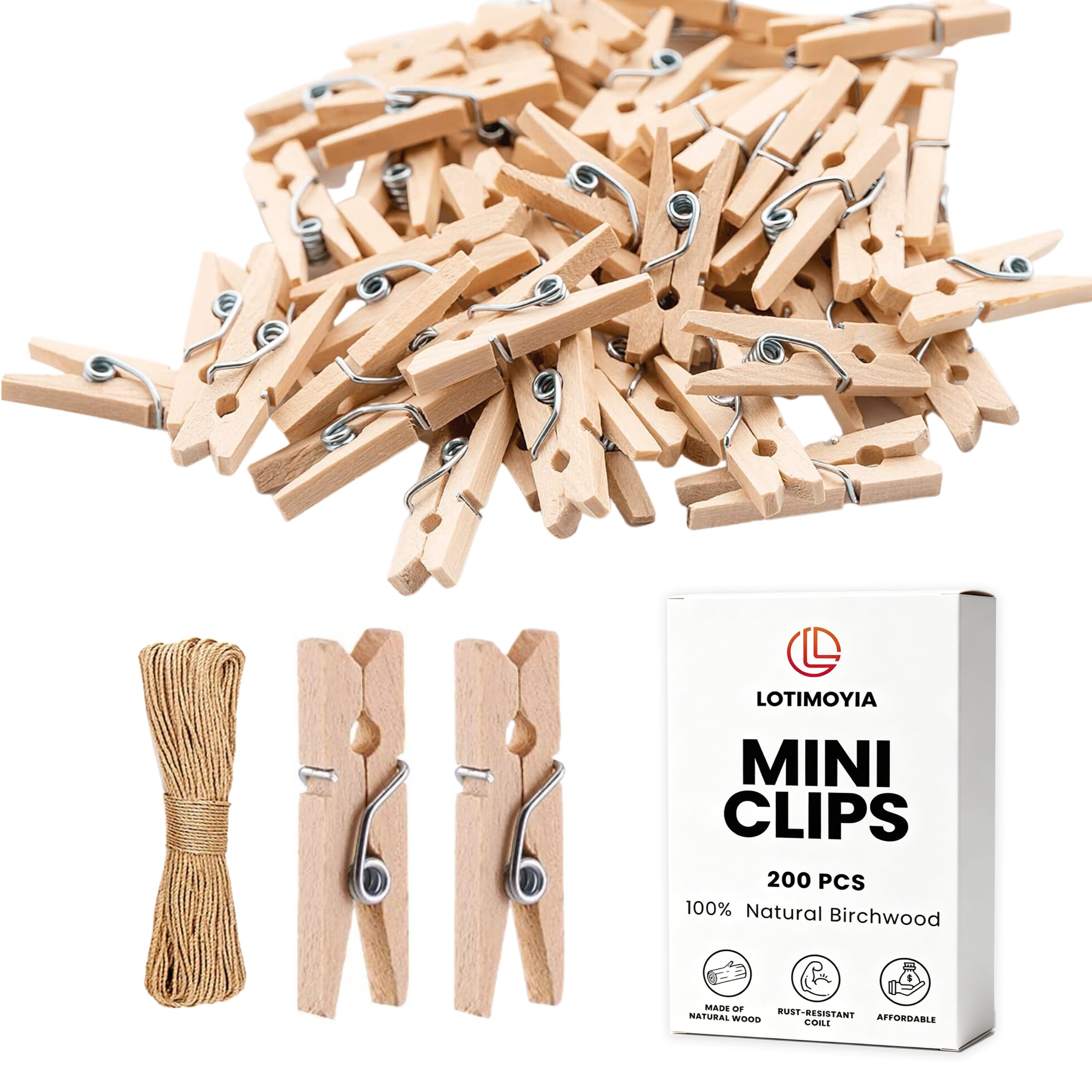 Photo 1 of LOTIMOYIA Mini Clothes Pins 200 Pcs - 1" Wooden Clothespins with 11FT Jute Twine,Small Clothes Pins for Photos, Crafts, Home Decor & Art Projects, Reusable Multi-Purpose Clothespins for DIY Projects