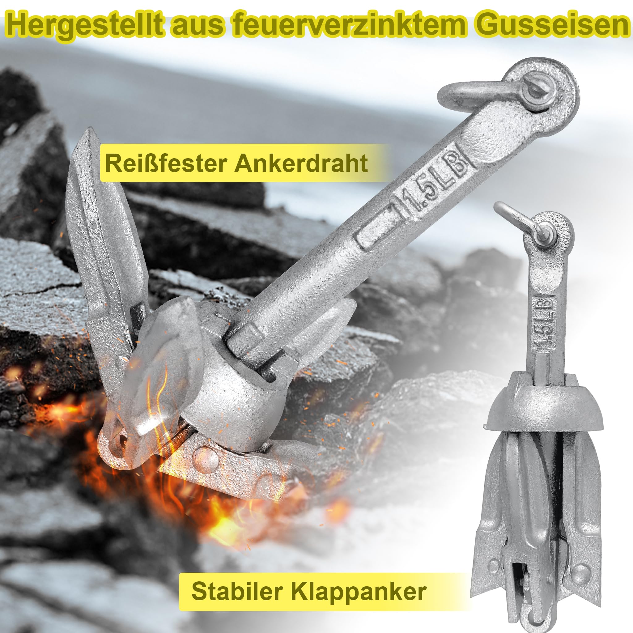 Faltanker Bootsanker aus verzinktem Stahl 0,7/1,5 kg, Klappanker für Boot, Schlauchboot, Kajak & SUP mit 10 m Ankerschleppseil, Wurfanker & Bootszubehör