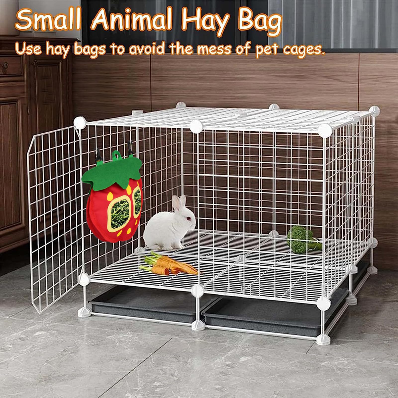 GKYZBB Rabbit Hay Feeder Bag for Cage Guinea Pig Timothy Hay Dispenser Storage Manger Hanging Large Less Waste for Bunny (Strawberry) - image 3