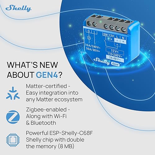 Miniatura 4 de Shelly 1 Gen4  Interruptor de relé inteligente Wi-Fi, Zigbee & Matter con contactos secos, 1 canal 16A  Automatización del hogar  Alexa,