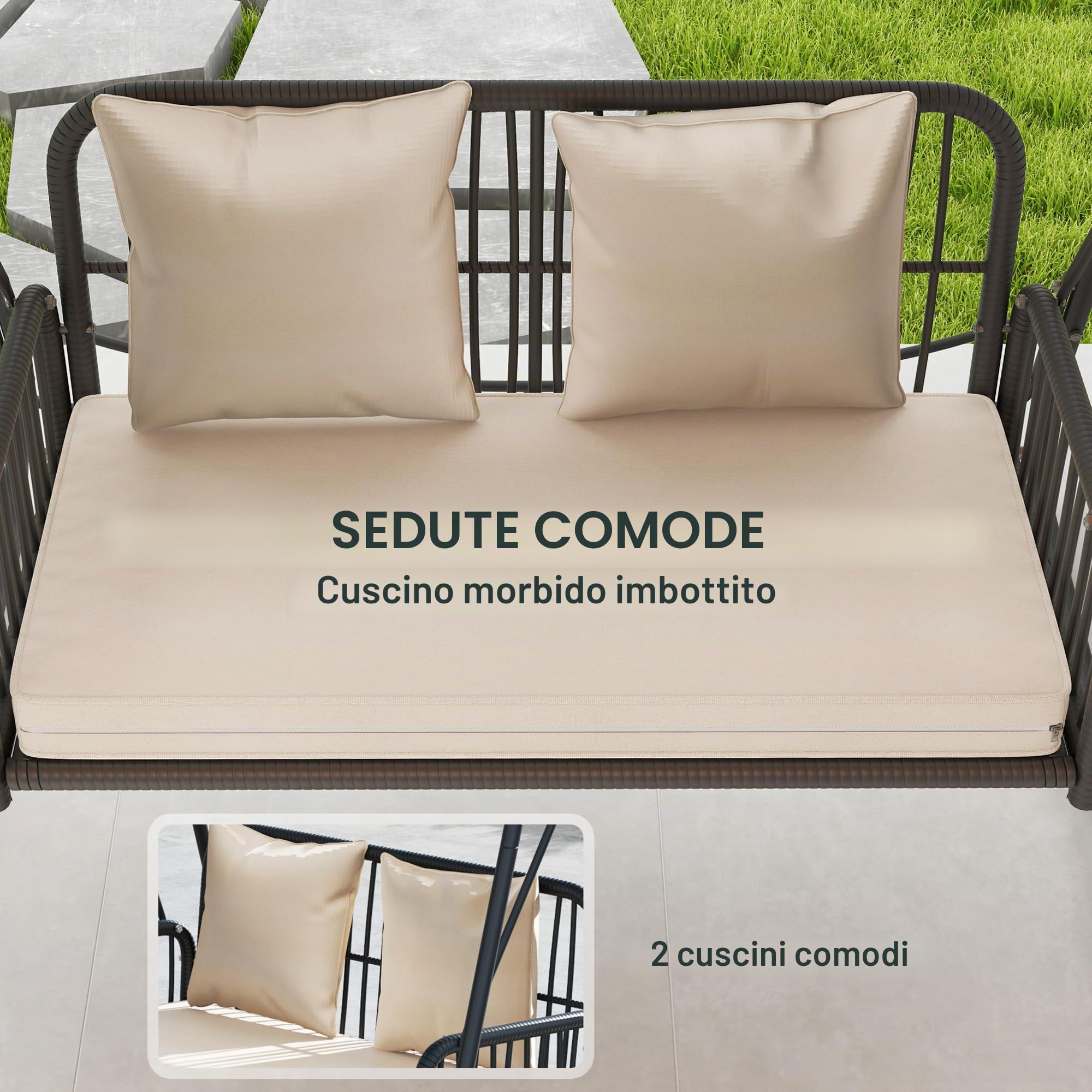 Outsunny Hollywood swing rattan 2 posti con cuscini parasole regolabili panca sospesa fino a 240 kg di portata panca sospesa per giardino balcone 149 x 121 x 180 cm kaki