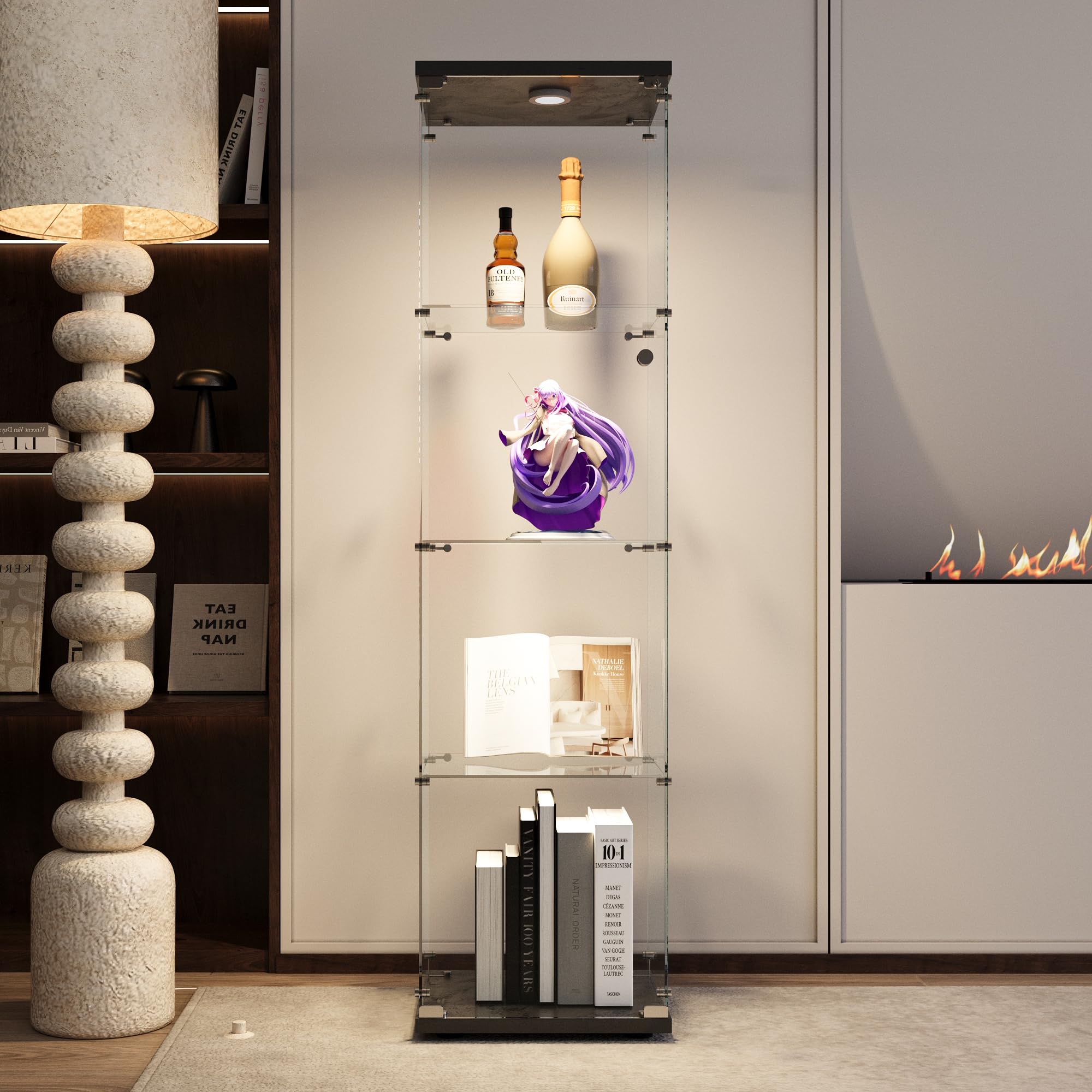 JT Glass Display Cabinet 4 Shelves with Light and Door, Easy to Install, Solid Tempered Glass, Floor Standing Curio Bookshelf for Living Room Bedroom Office (Black)
